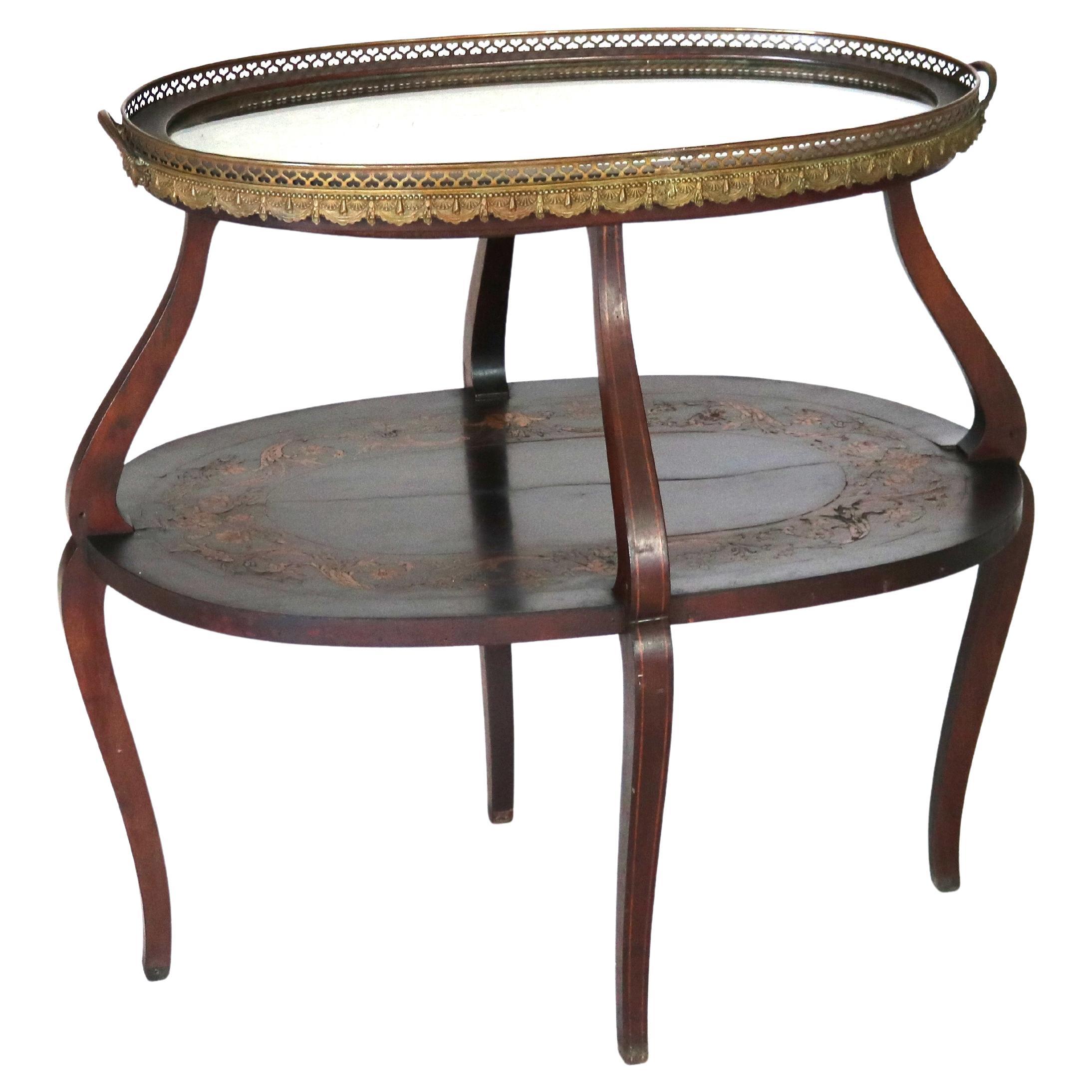 Table à thé antique en acajou avec marqueterie florale en bois de citronnier, vers 1920