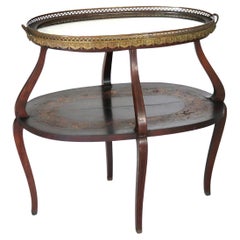 Mesa de Té Antigua de Caoba con Marquetería Floral de Madera Satinada C1920