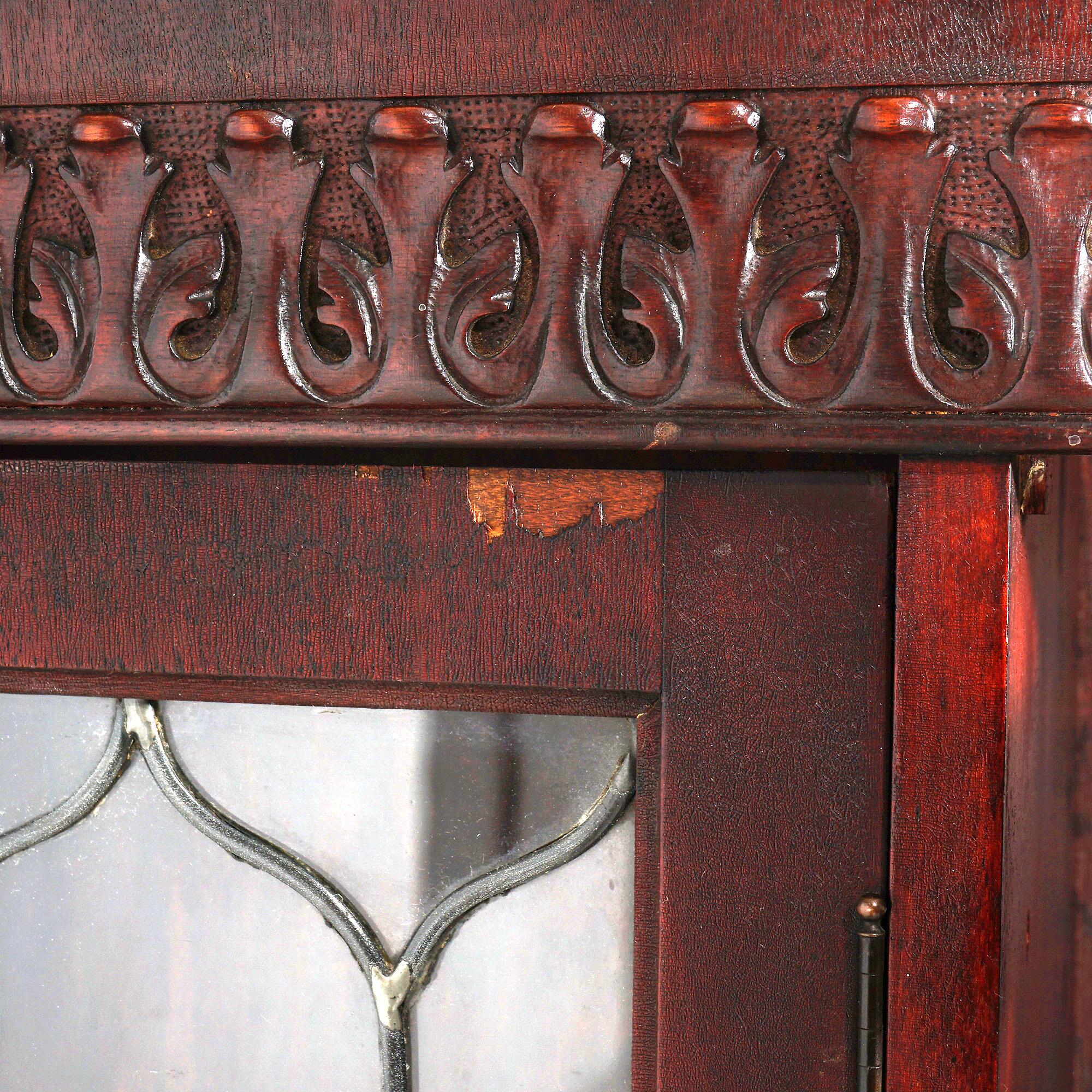 Antique Mahogany Triple Door Leaded Glass Bookcase with Carved Claw Feet C1900 For Sale 4