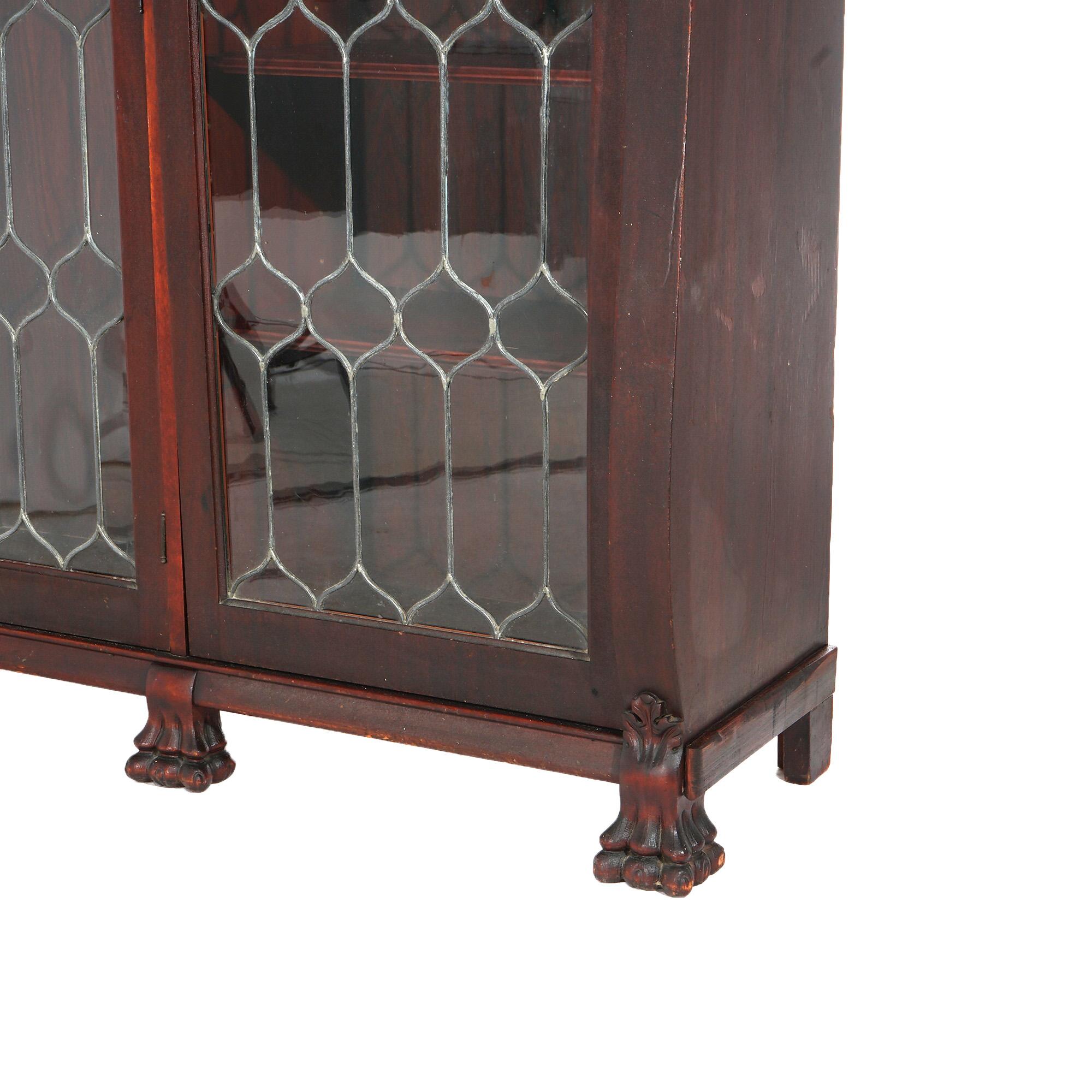 Antique Mahogany Triple Door Leaded Glass Bookcase with Carved Claw Feet C1900 For Sale 8