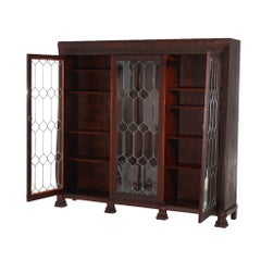 Antique Mahogany Triple Door Leaded Glass Bookcase with Carved Claw Feet C1900