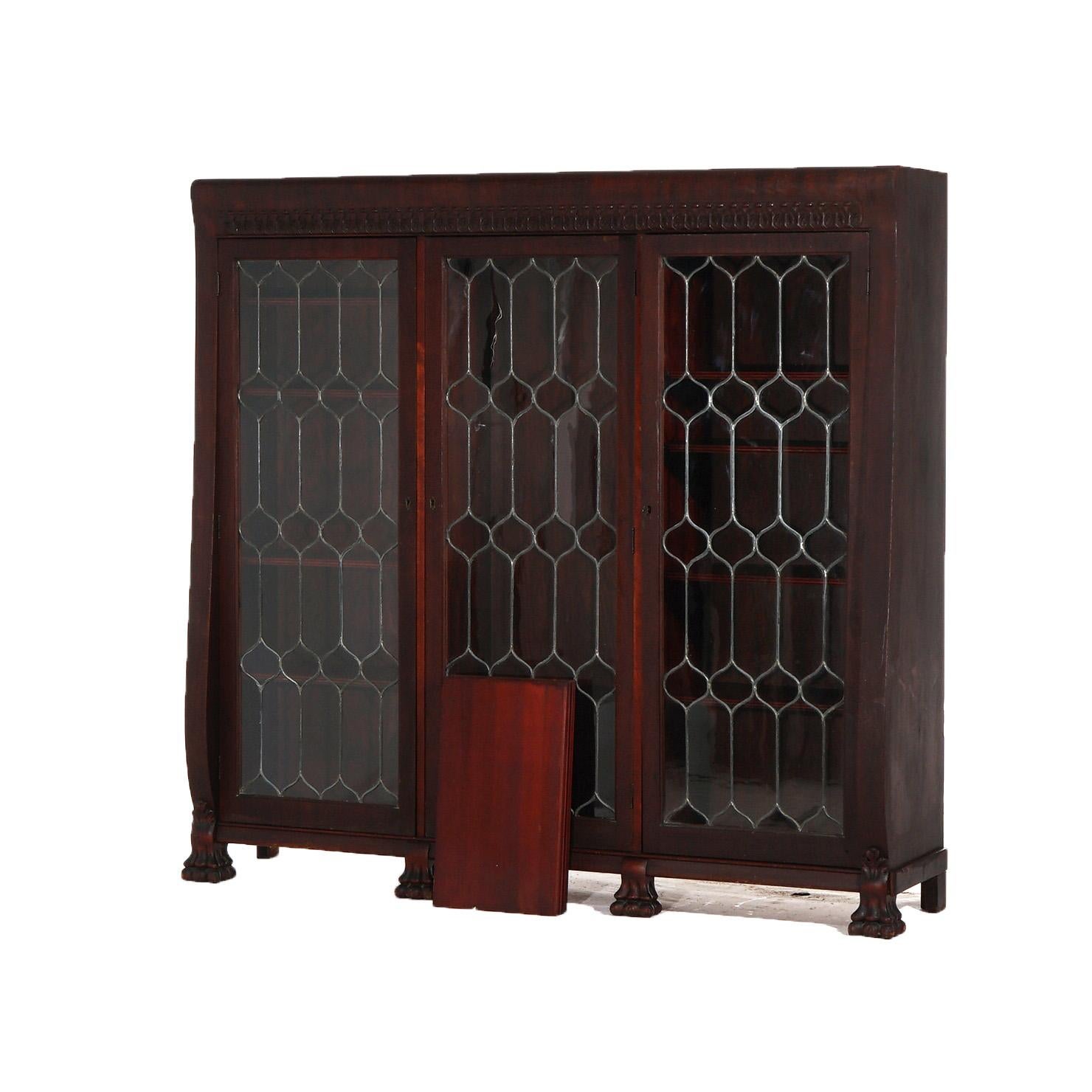 American Antique Mahogany Triple Door Leaded Glass Bookcase with Carved Claw Feet C1900 For Sale