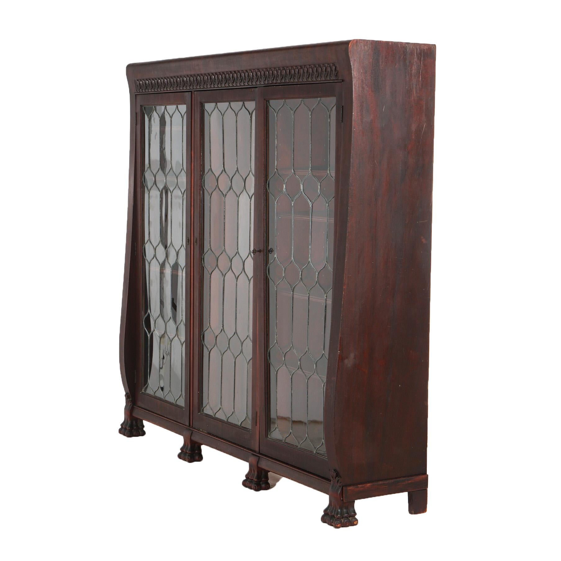 Antique Mahogany Triple Door Leaded Glass Bookcase with Carved Claw Feet C1900 In Good Condition For Sale In Big Flats, NY