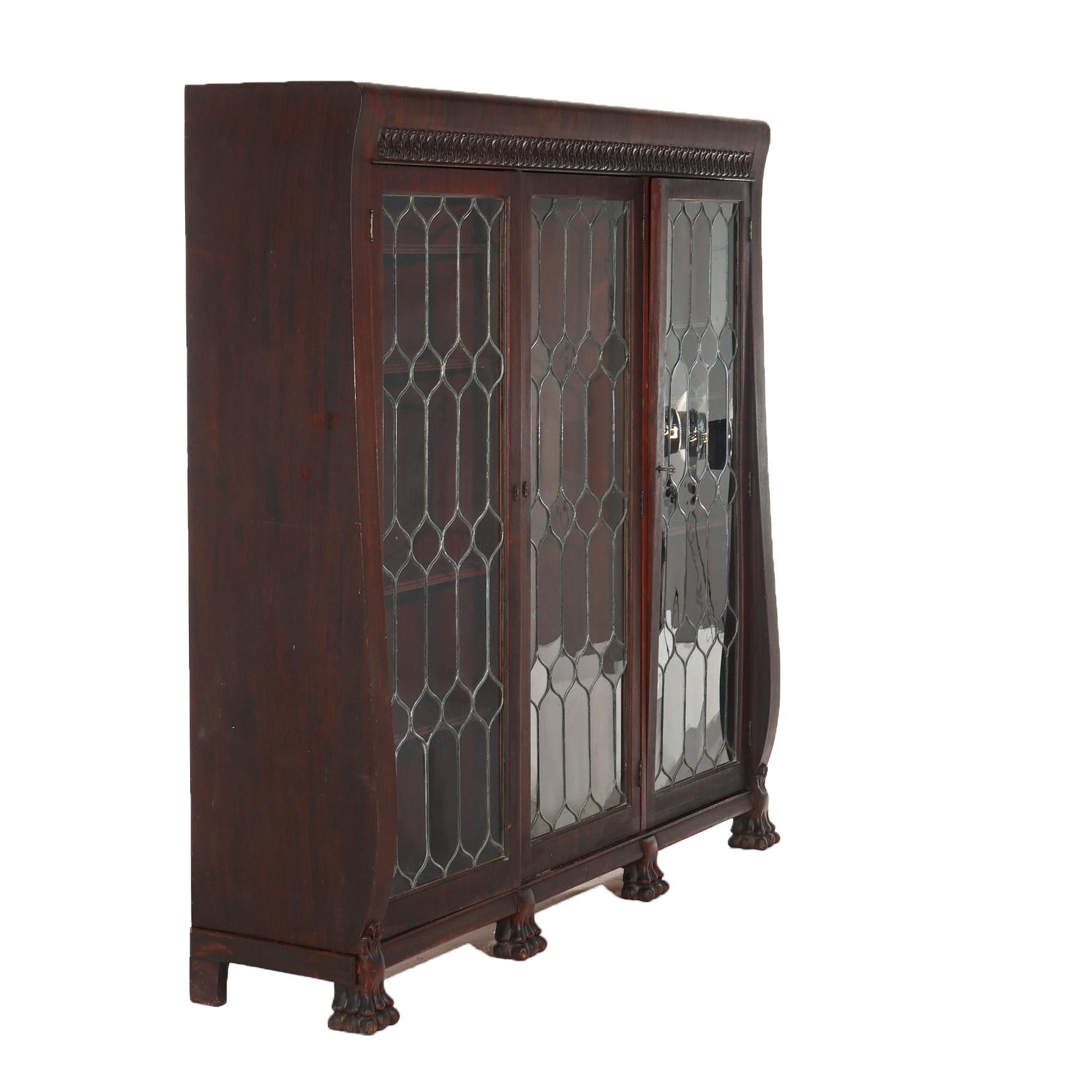 20th Century Antique Mahogany Triple Door Leaded Glass Bookcase with Carved Claw Feet C1900 For Sale