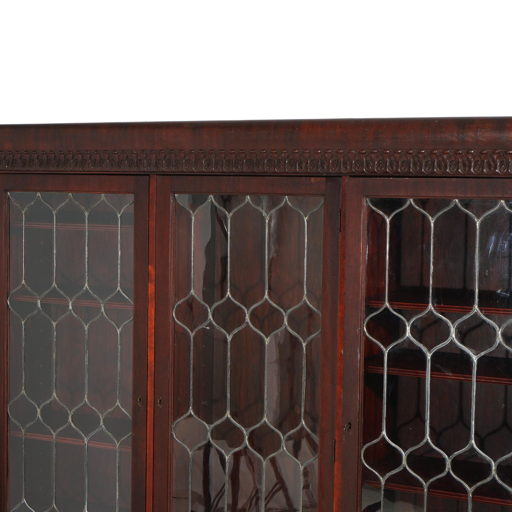 Antique Mahogany Triple Door Leaded Glass Bookcase with Carved Claw Feet C1900 For Sale 2