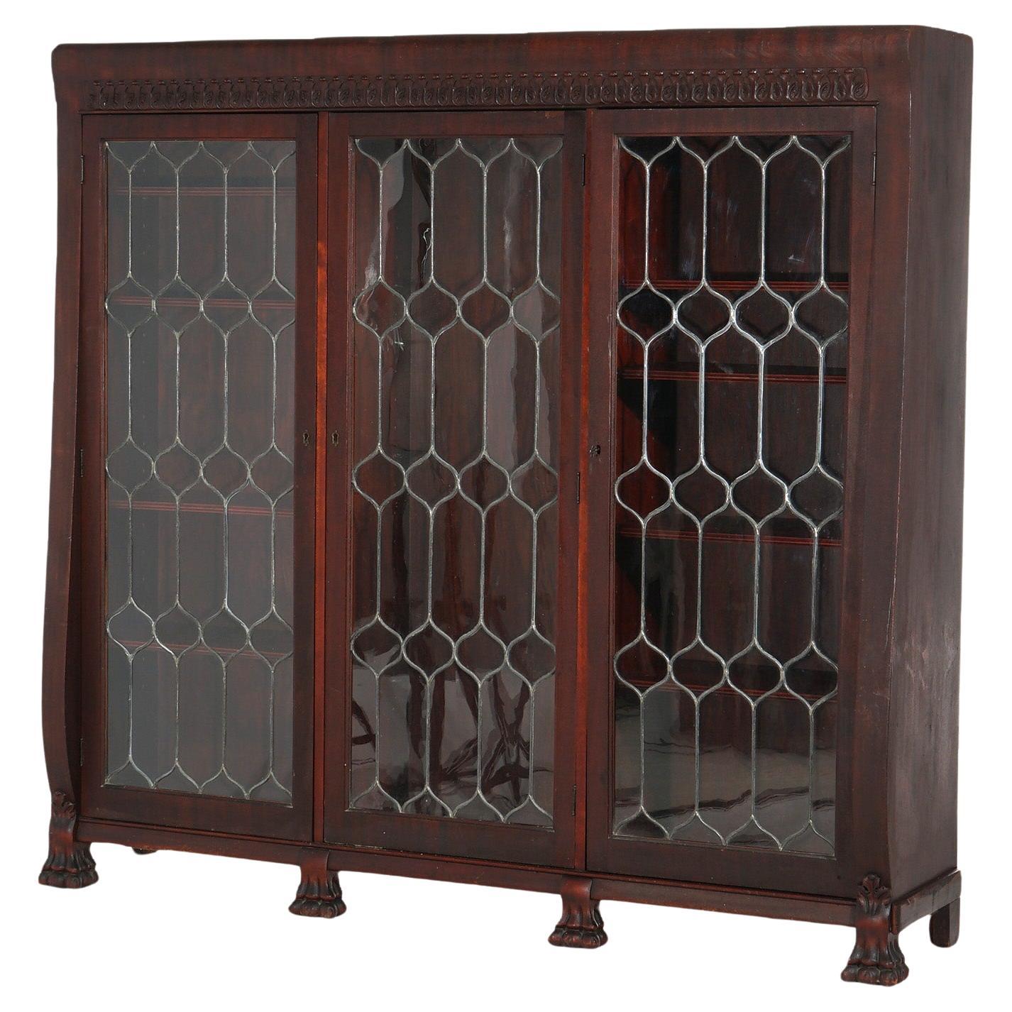 Antique Mahogany Triple Door Leaded Glass Bookcase with Carved Claw Feet C1900