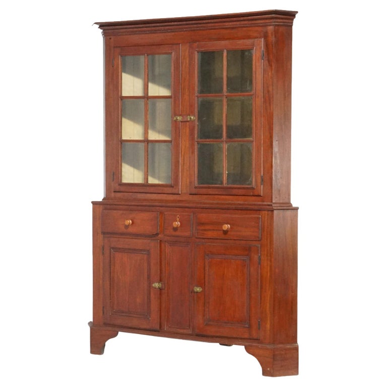 Antique Mahogany Two Piece Corner Cabinet, Double Six-Pane Glass Doors ...