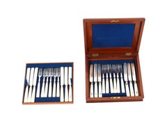 Antique Mahogany Two-Tier Case 12 Mother Pearl Dessert Knives Forks 19th Century