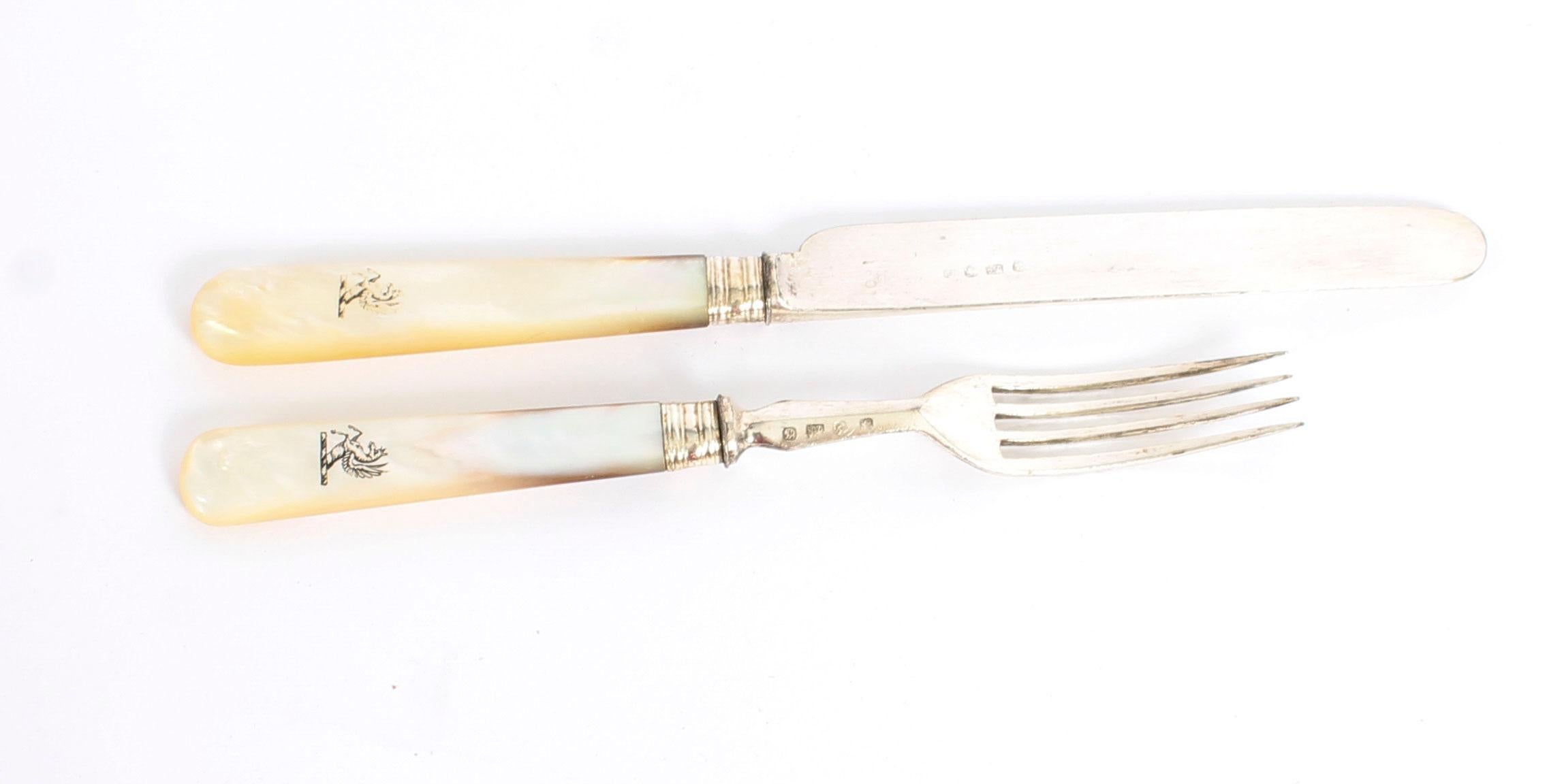 Mother-of-Pearl Antique Mahogany Two-Tier Case 12 Mother Pearl Dessert Knives Forks 19th Century