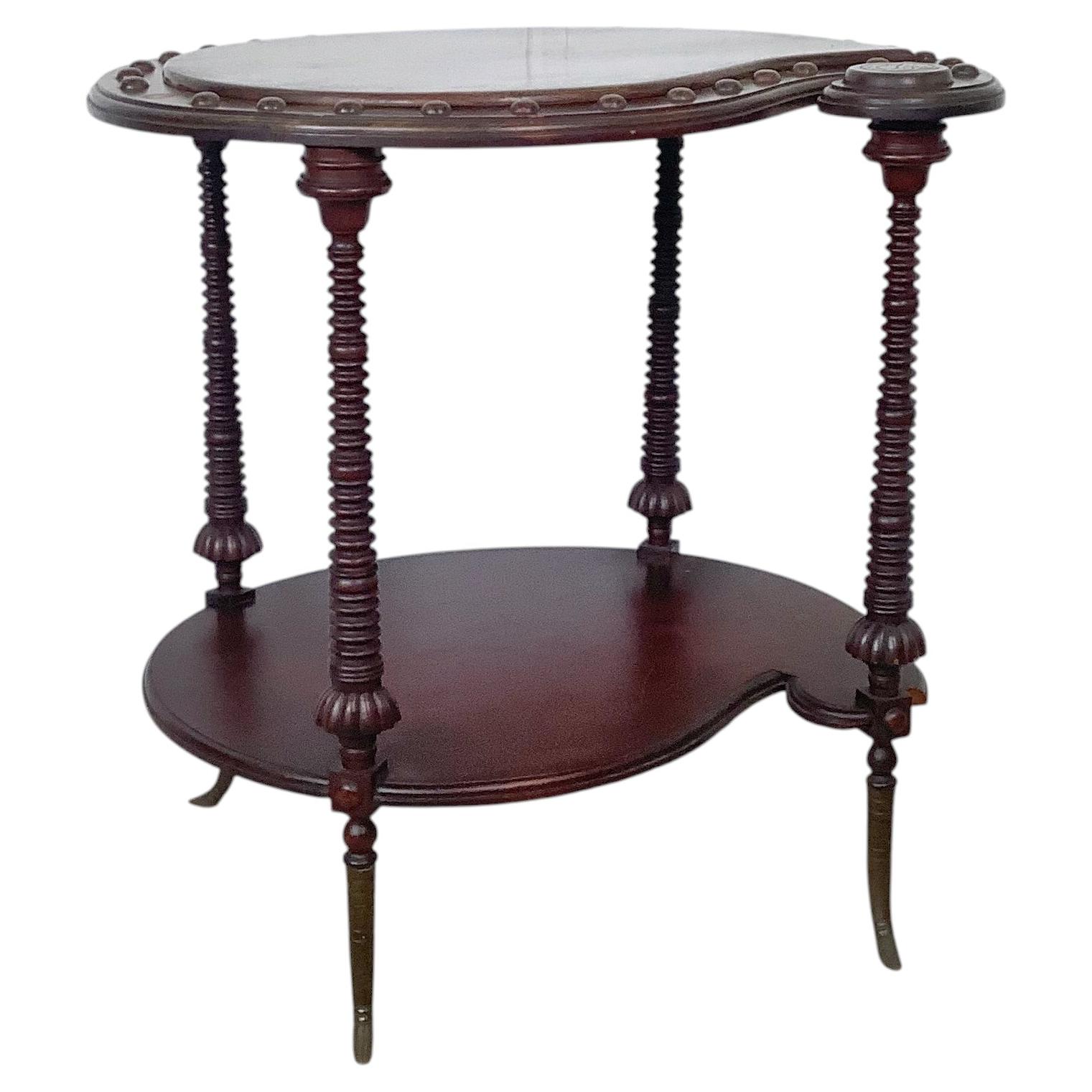 Antique Mahogany Two-Tier Kidney Table with Bobbin Turning, Brass Sabre Feet For Sale