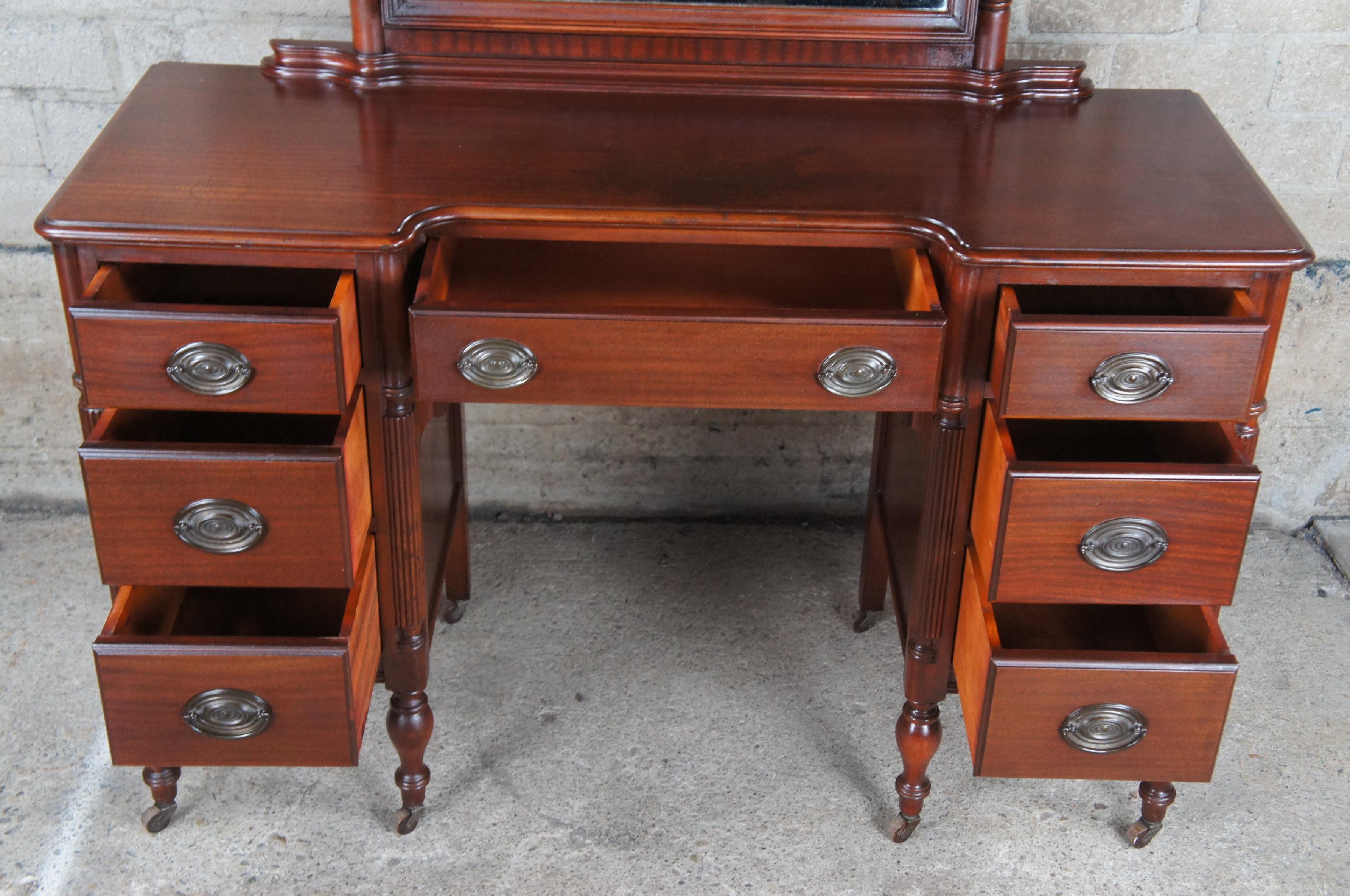 Antique Mahogany Vanity Kneehole Writing Desk Dressing Table w Mirror 70