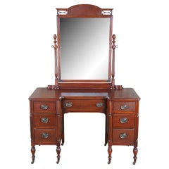 Vanity Kneehole Writing Desk Antique Mahogany Dressing Table w Mirror 70" (en anglais)