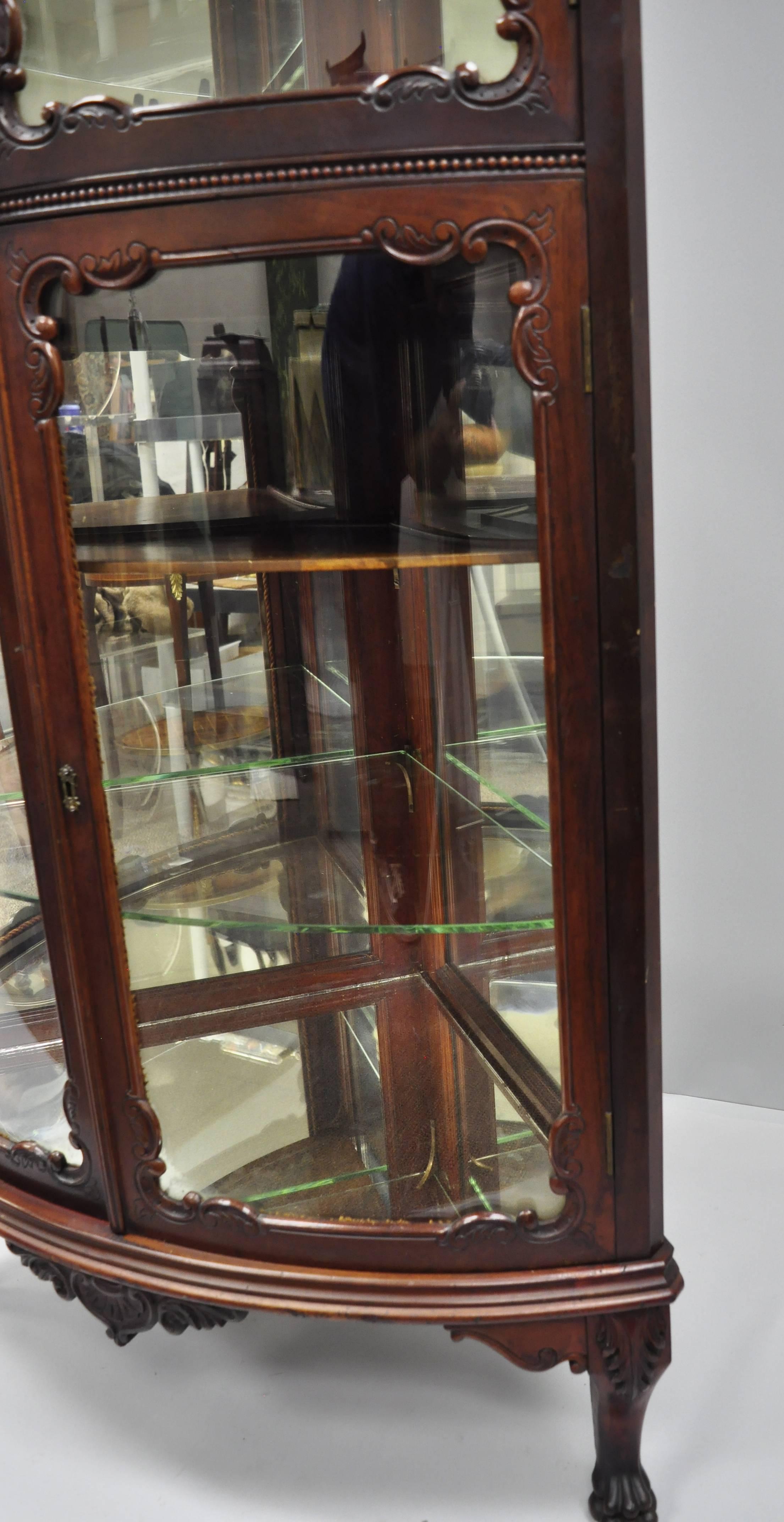 Antique Mahogany Victorian Bow Front Glass Corner Curio Cabinet Display Vitrine 7