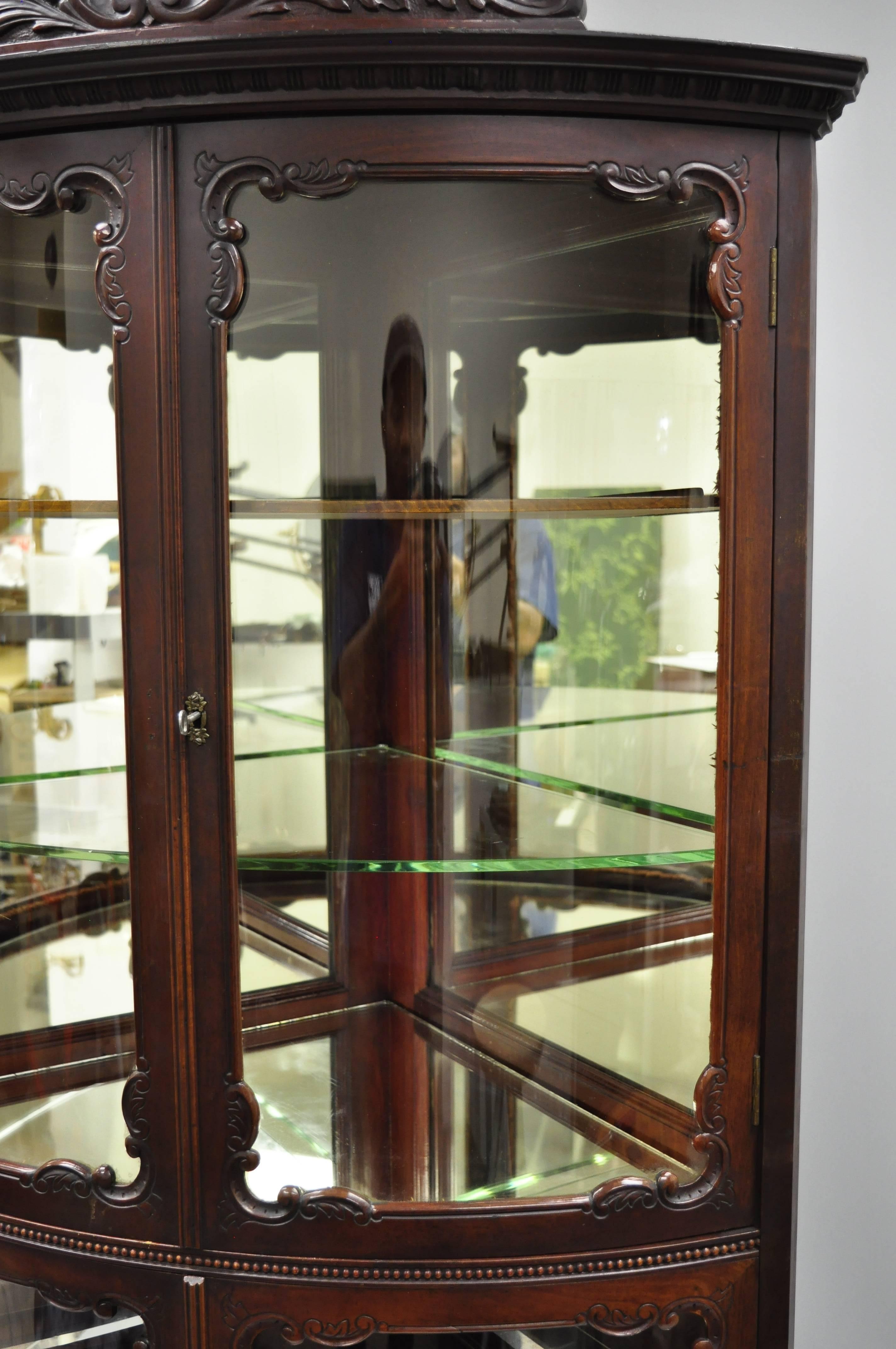 Antique Mahogany Victorian Bow Front Glass Corner Curio Cabinet Display Vitrine 1