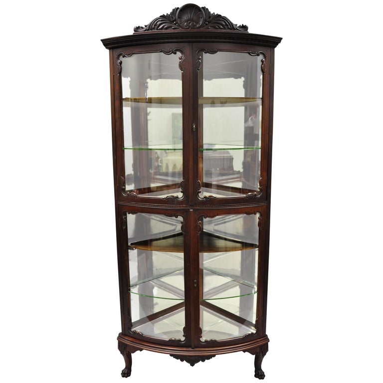 Antique Mahogany Victorian Bow Front Glass Corner Curio Cabinet Display  Vitrine For Sale at 1stDibs | antique curio cabinet with glass doors, vintage  curio cabinet, corner vitrine