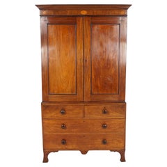 Antique Walnut Victorian Inlaid Linen Press Armoire, Scotland 1840, B2363