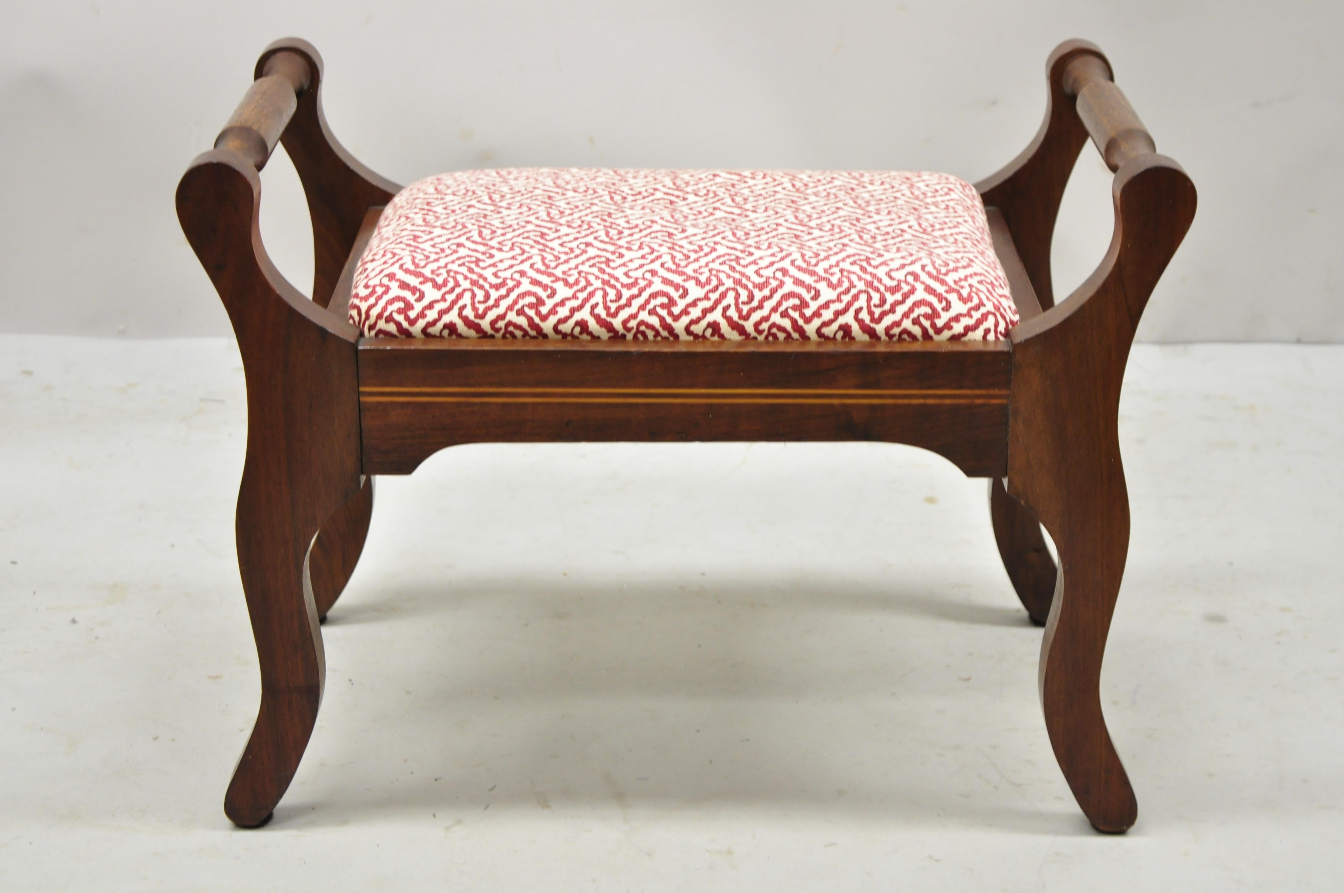 Antique Mahogany Victorian Upholstered stool footstool with handles and inlay. Item features turn carved handles, inlay skirt, cabriole legs, very nice antique item. Circa early to mid 20th century. Measurements: 16.5