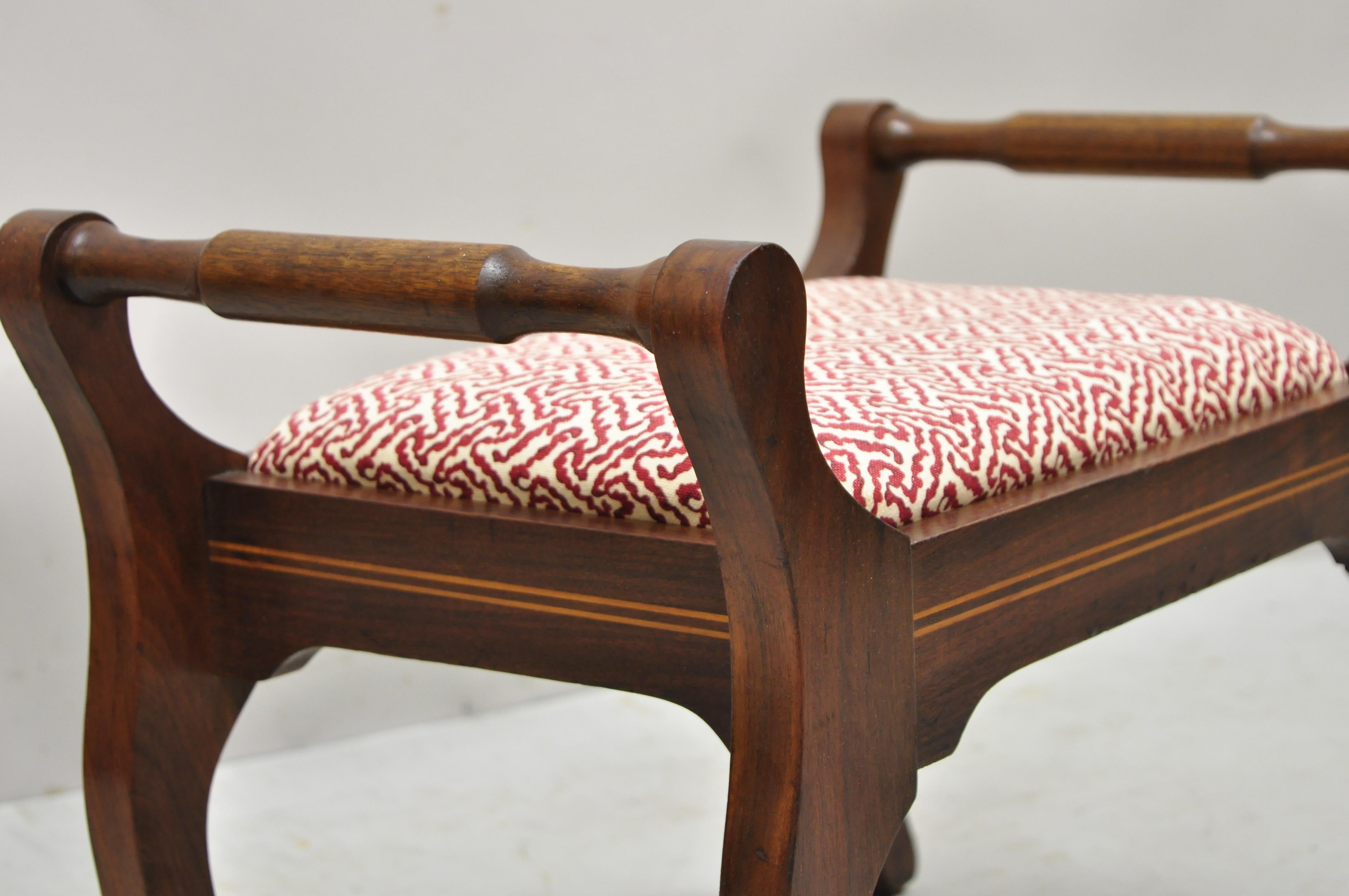 North American Antique Mahogany Victorian Upholstered Stool Footstool with Handles and Inlay