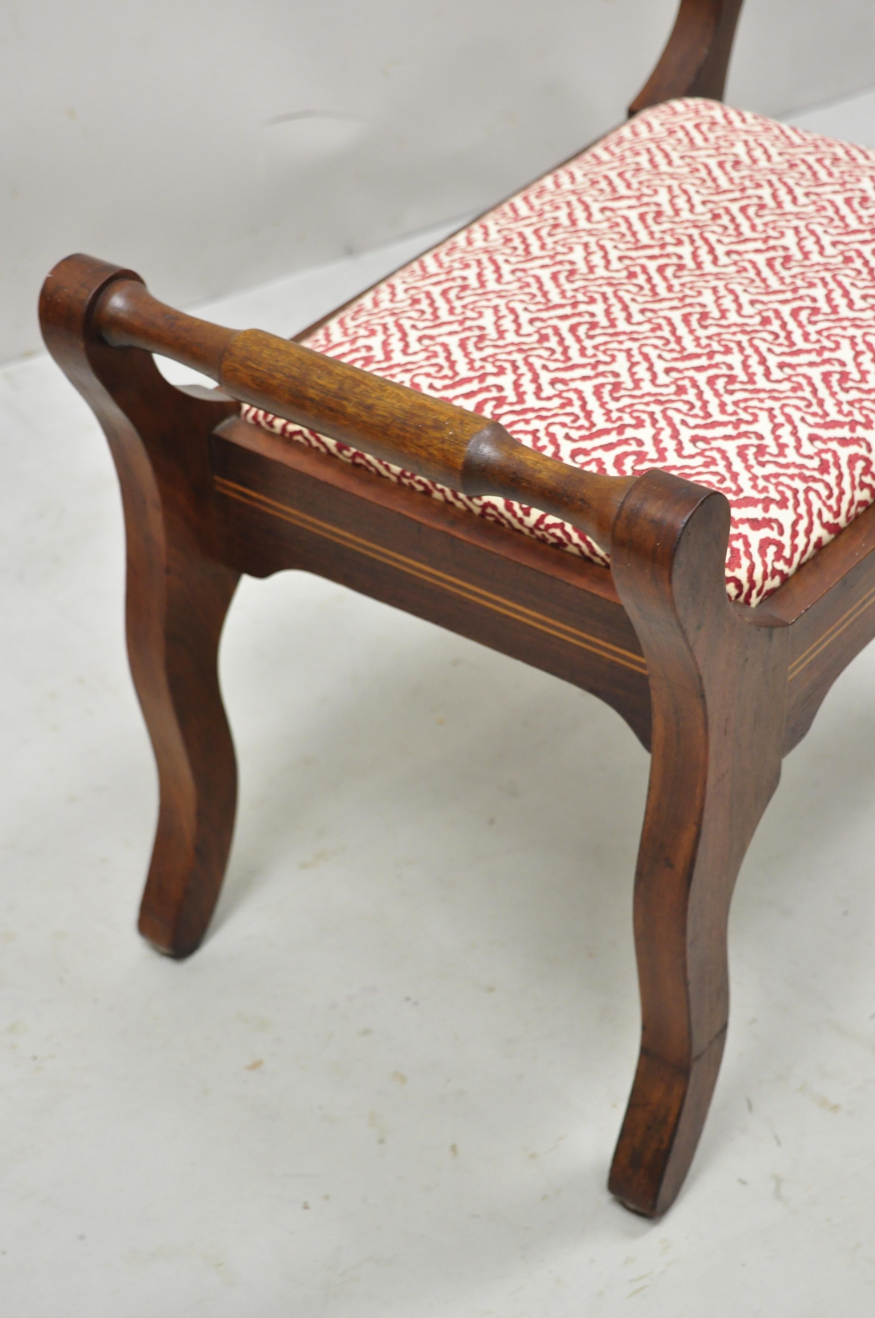 Antique Mahogany Victorian Upholstered Stool Footstool with Handles and Inlay In Good Condition In Philadelphia, PA