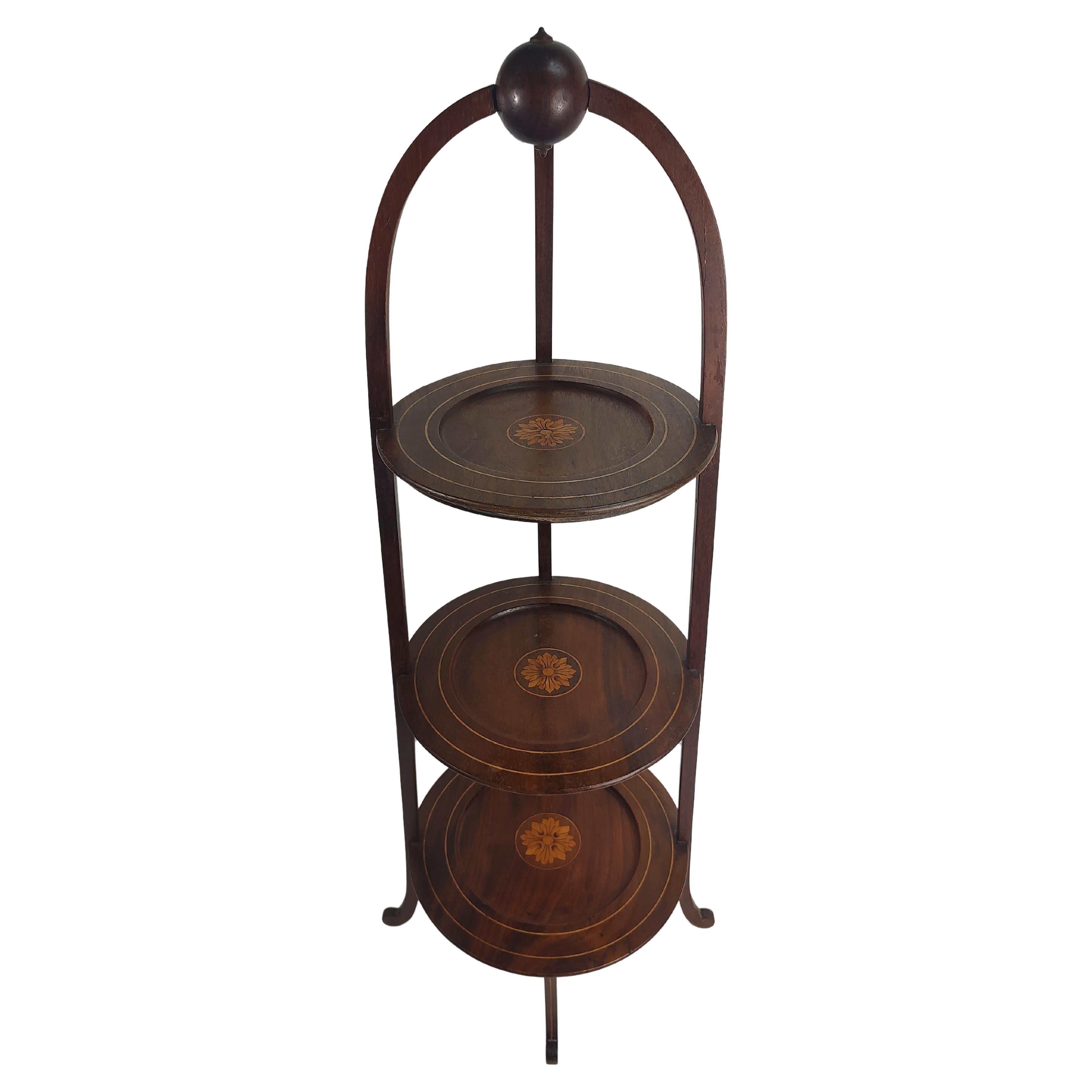 Late Victorian Antique Mahogany with Inlay and Marquetry 3 Tier Muffin Cake Stand For Sale