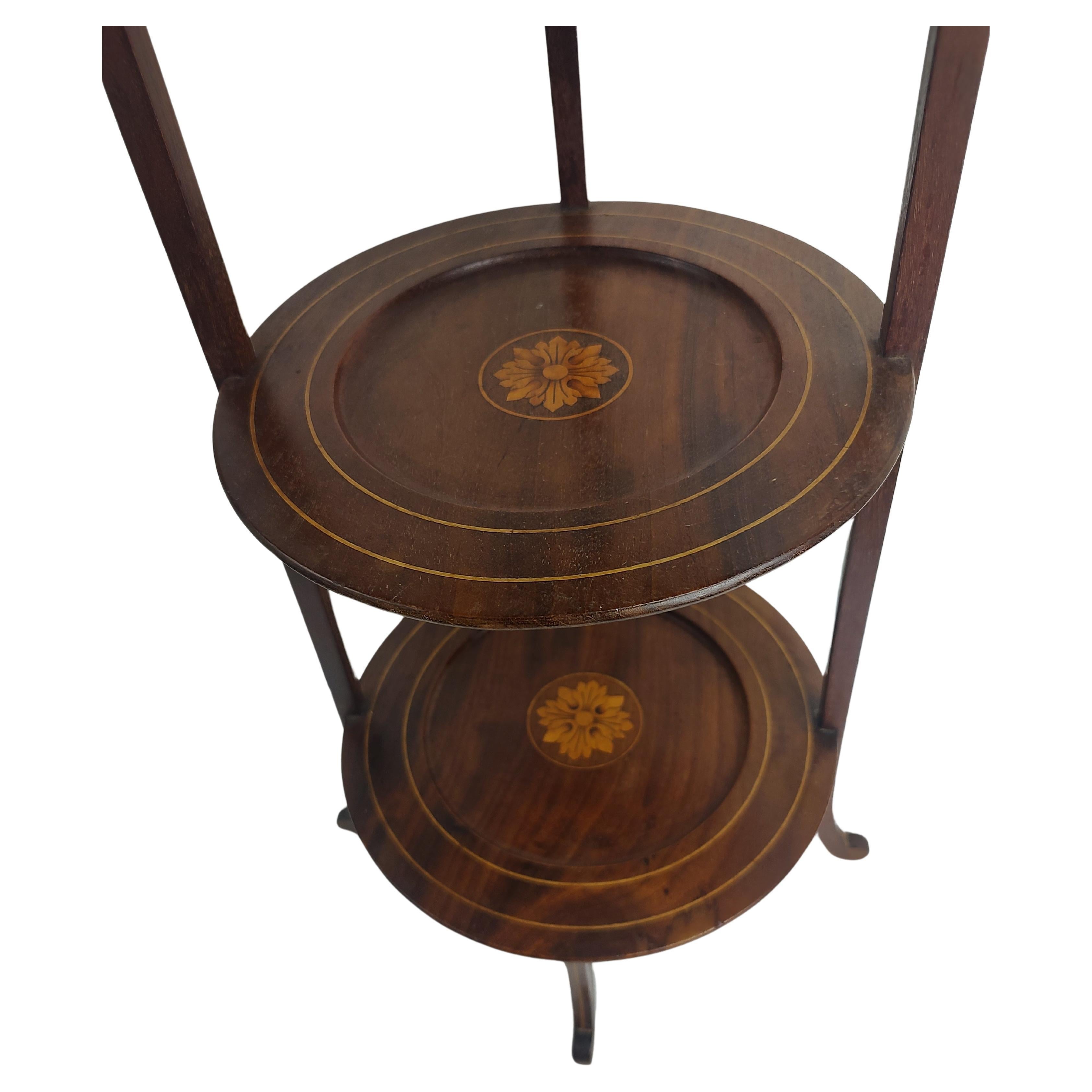 English Antique Mahogany with Inlay and Marquetry 3 Tier Muffin Cake Stand For Sale
