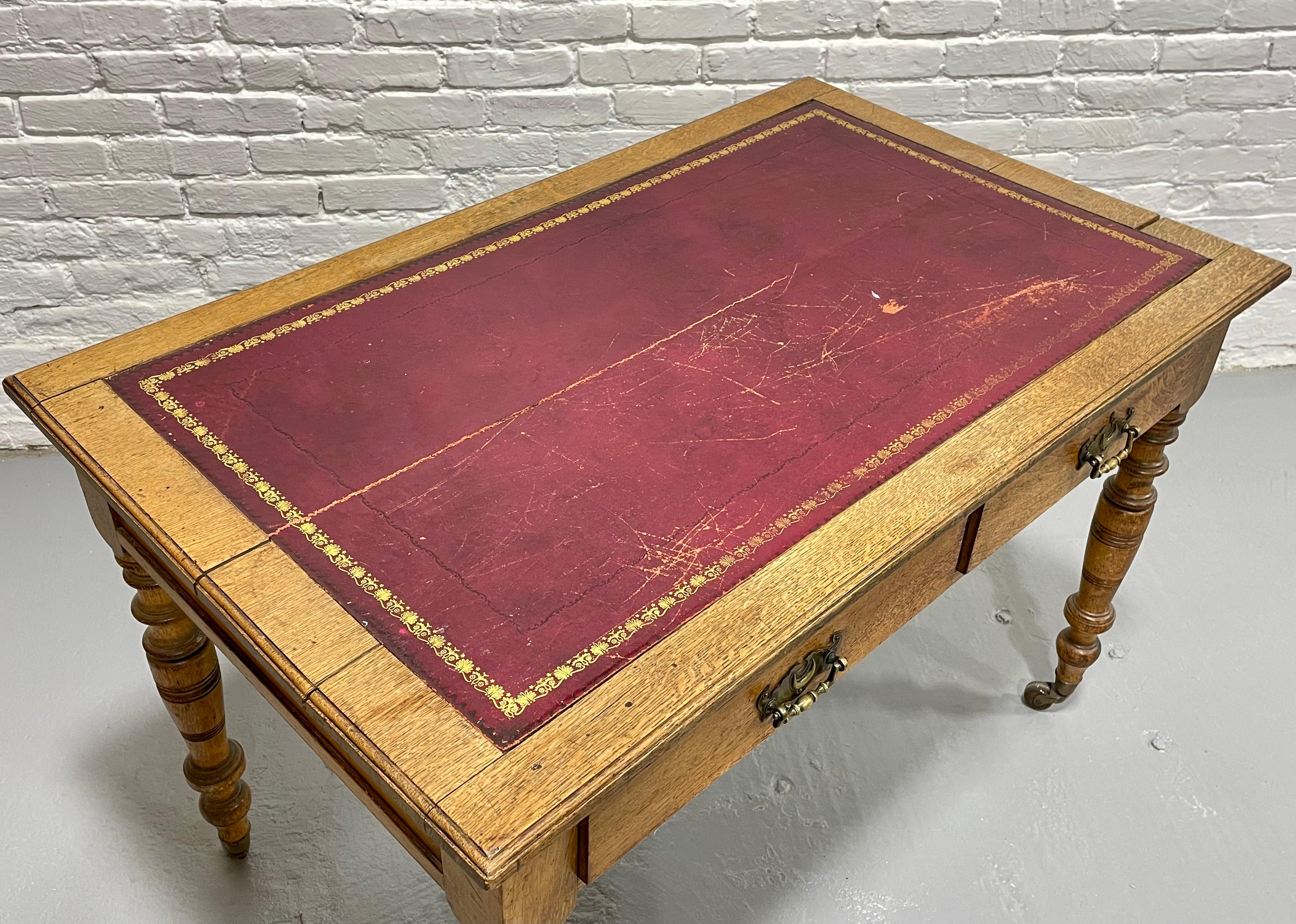 Antique Mahogany Writing Table / Desk Turned Legs Wheels, c. 1890 4