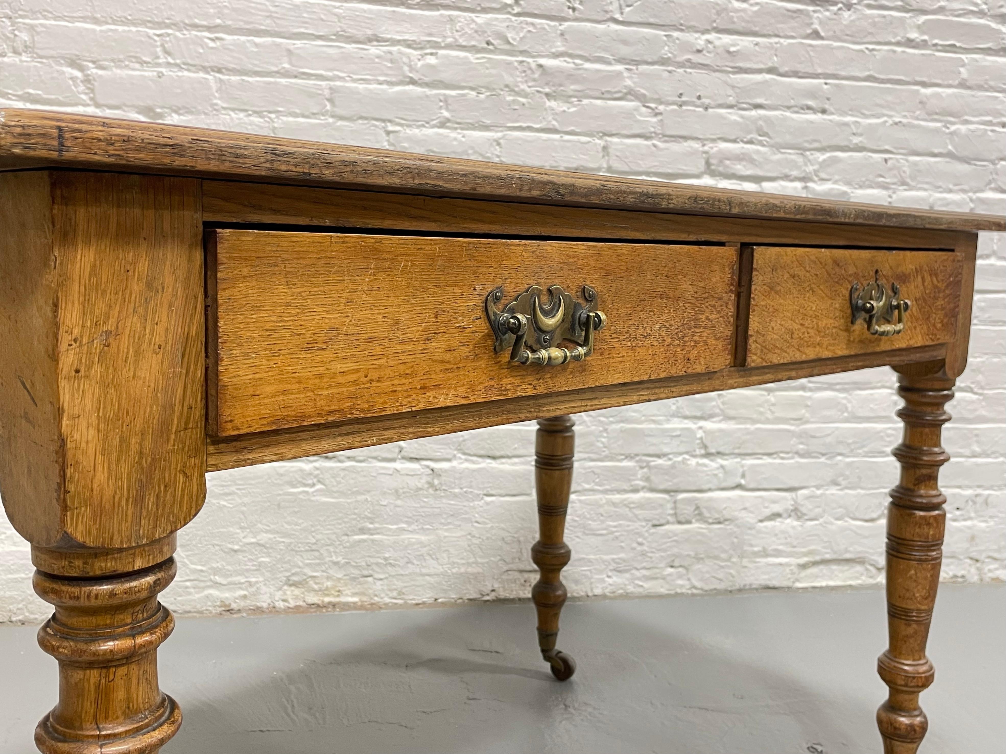 Leather Antique Mahogany Writing Table / Desk Turned Legs Wheels, c. 1890