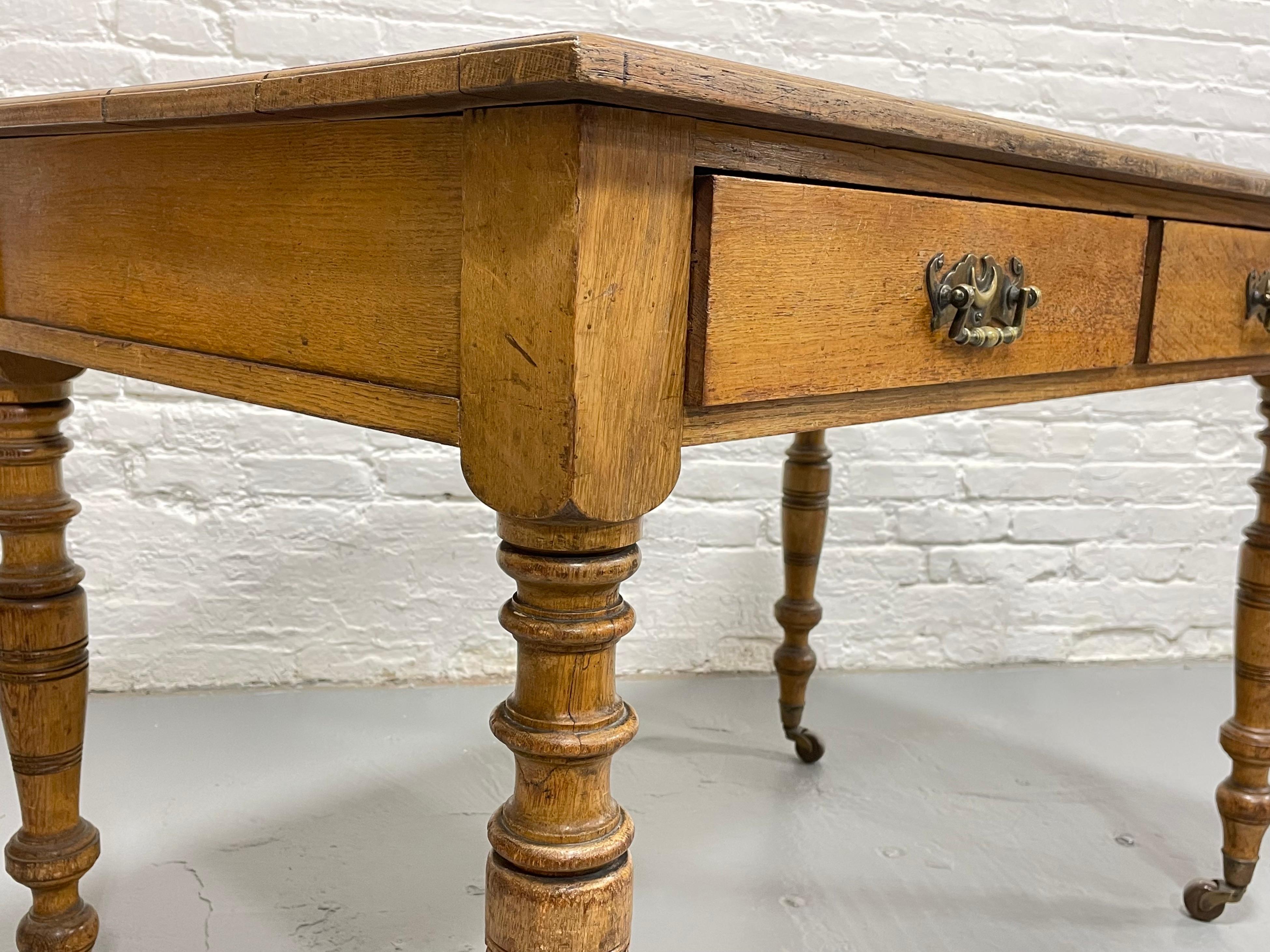 Antique Mahogany Writing Table / Desk Turned Legs Wheels, c. 1890 2