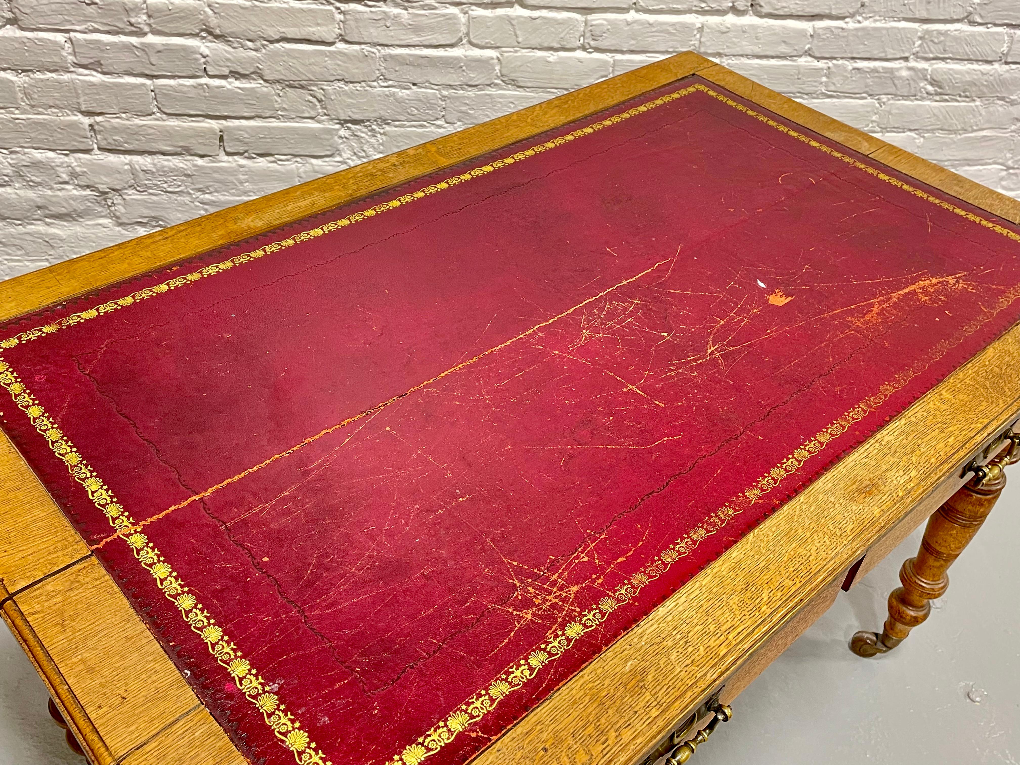 Antique Mahogany Writing Table / Desk Turned Legs Wheels, c. 1890 3