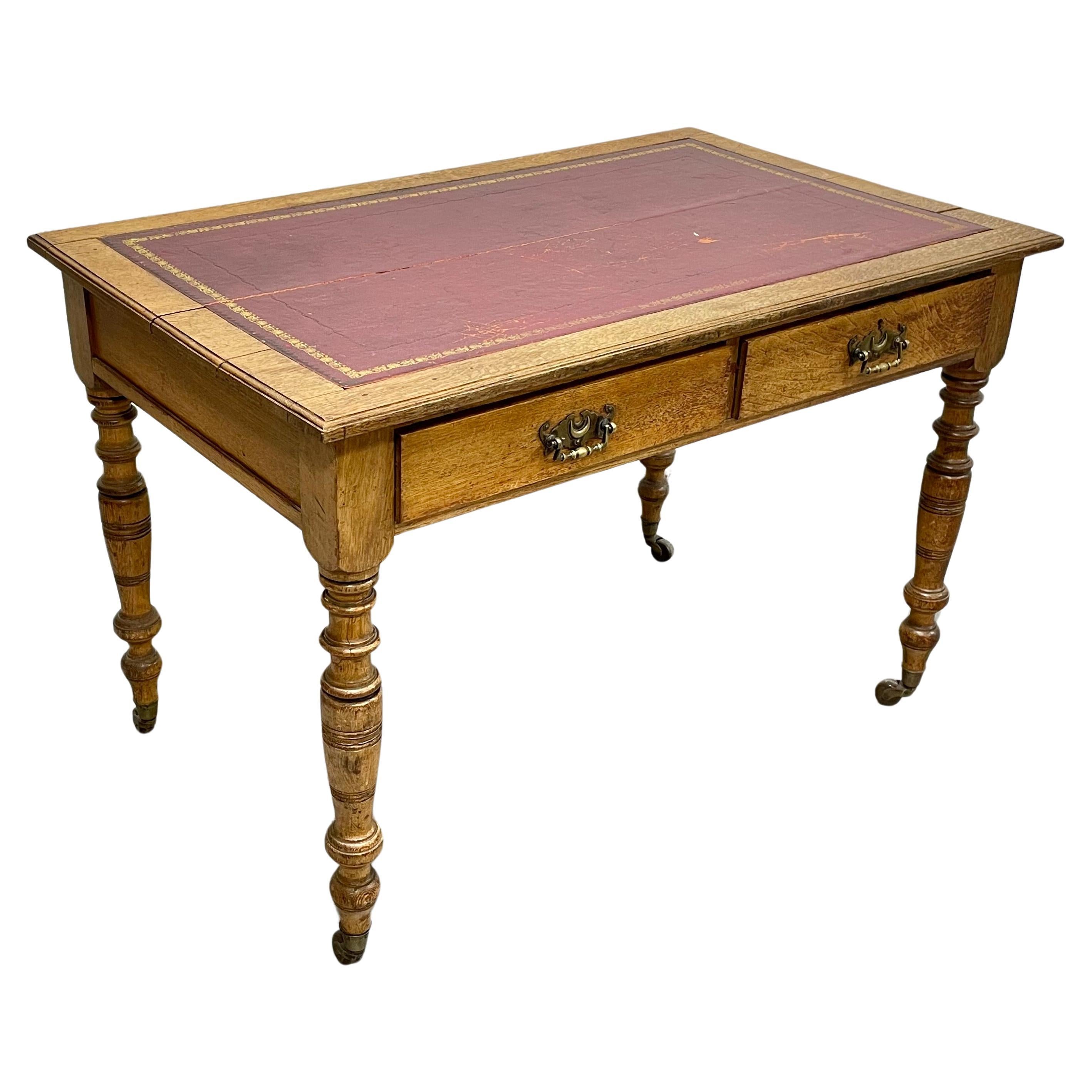 Antique Mahogany Writing Table / Desk Turned Legs Wheels, c. 1890