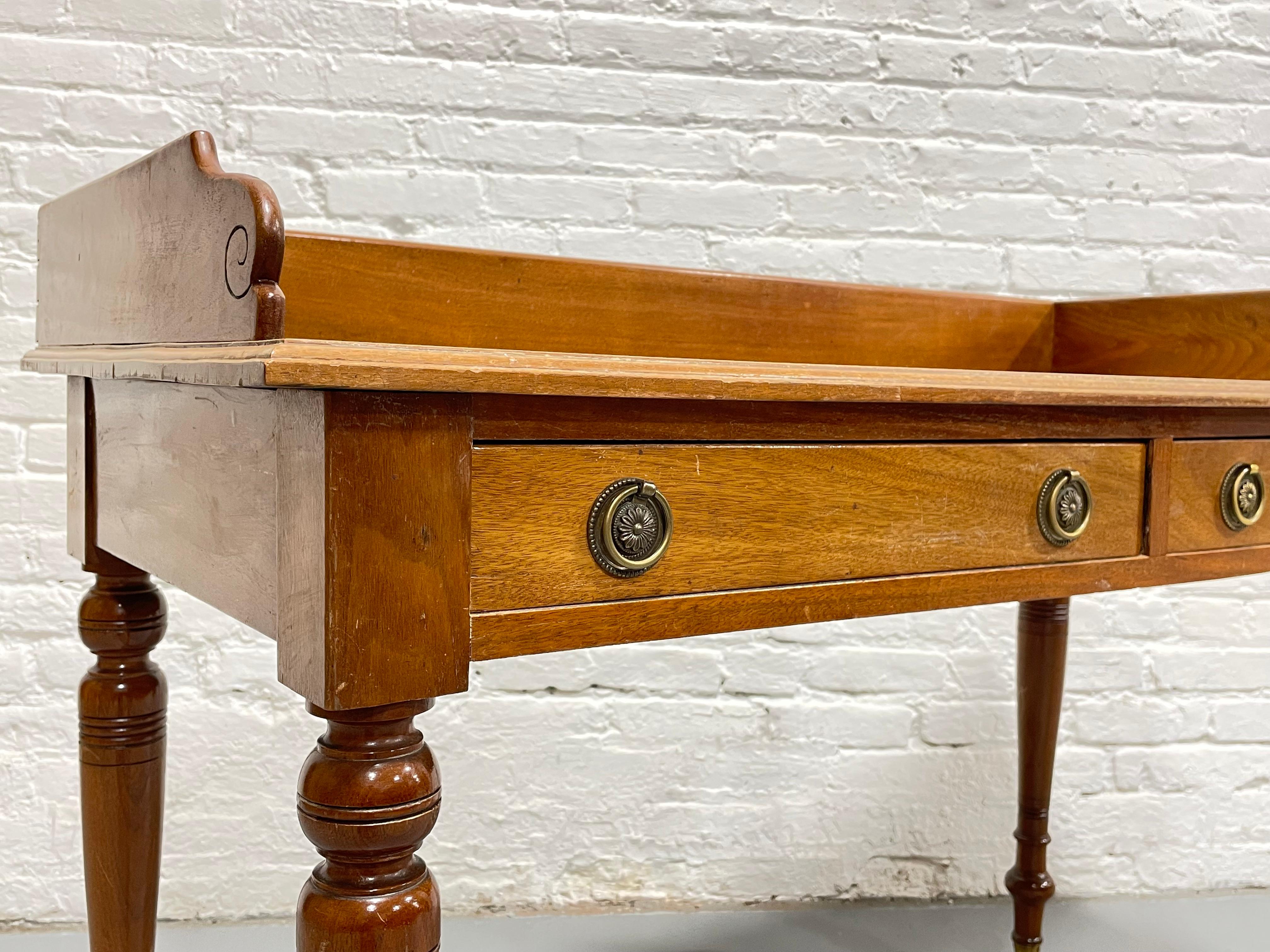 Antique Mahogany Writing Table / Server Turned Legs Wheels, c. 1890 In Fair Condition For Sale In Weehawken, NJ