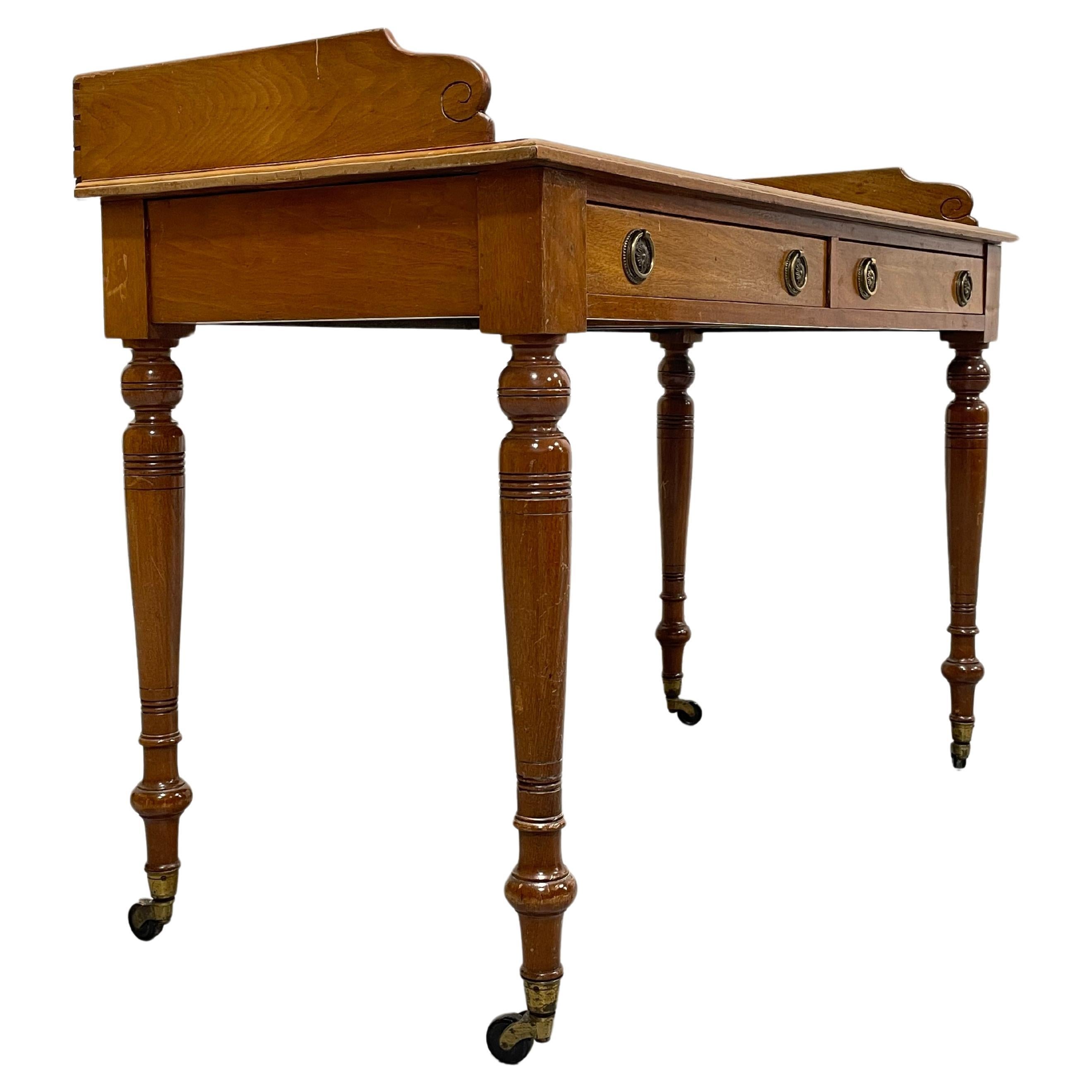 Antique Mahogany Writing Table / Server Turned Legs Wheels, c. 1890