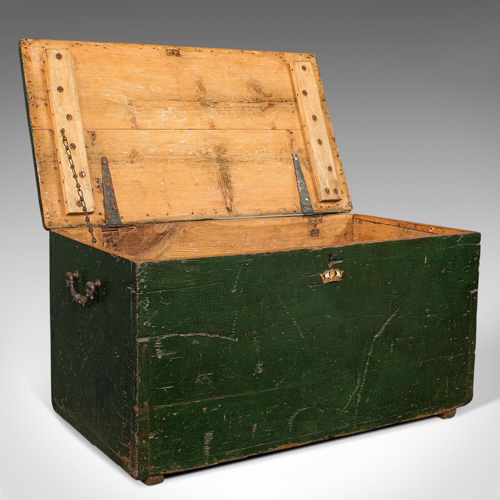 This is an antique mail trunk. An English, pine steamer carriage chest dating to the Edwardian period, circa 1905.

Rich tones with original appeal
Displays a desirable aged patina
Original painted pine in attractive Oxford Green
Naked pine