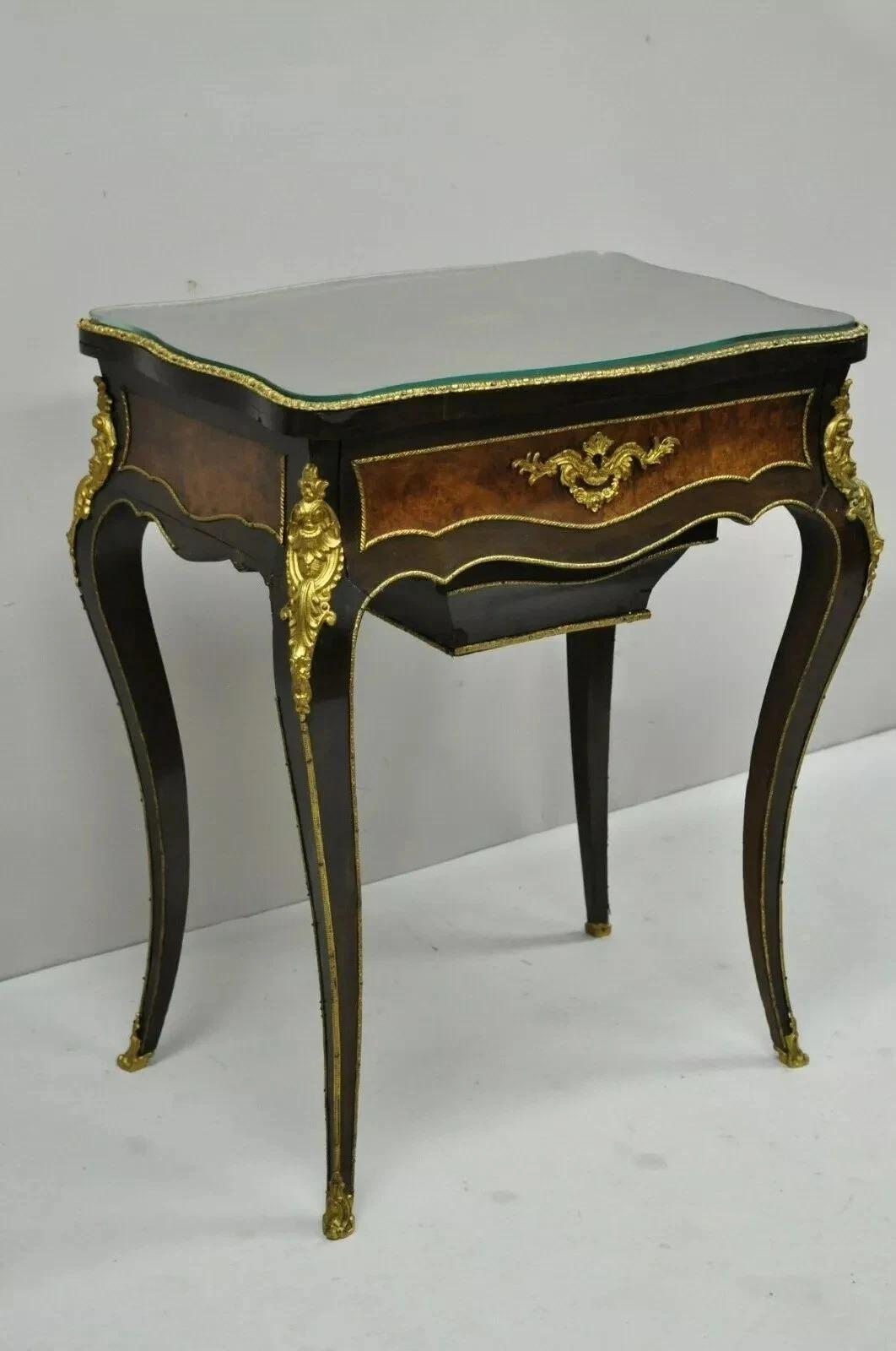 Antique Maison Alphonse Giroux Paris French Louis XV Style Vanity Table Sewing Stand. Item features a shaped glass top, signed 