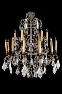 Antique Maison Bagues attributed, Gilt Wrought Iron and Rock Crystal Chandelier