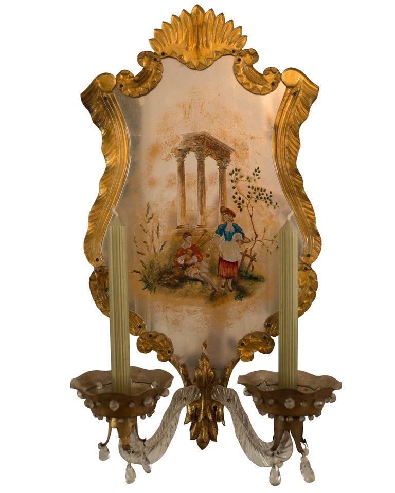 French Antique Maison Jansen Verre Eglomise and Murano Glass Gold & Silver Wall Sconces