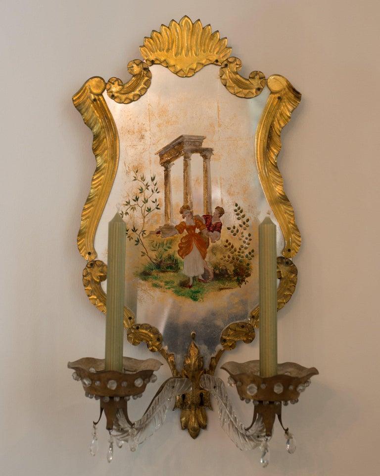Hand-Painted Antique Maison Jansen Verre Eglomise and Murano Glass Gold & Silver Wall Sconces