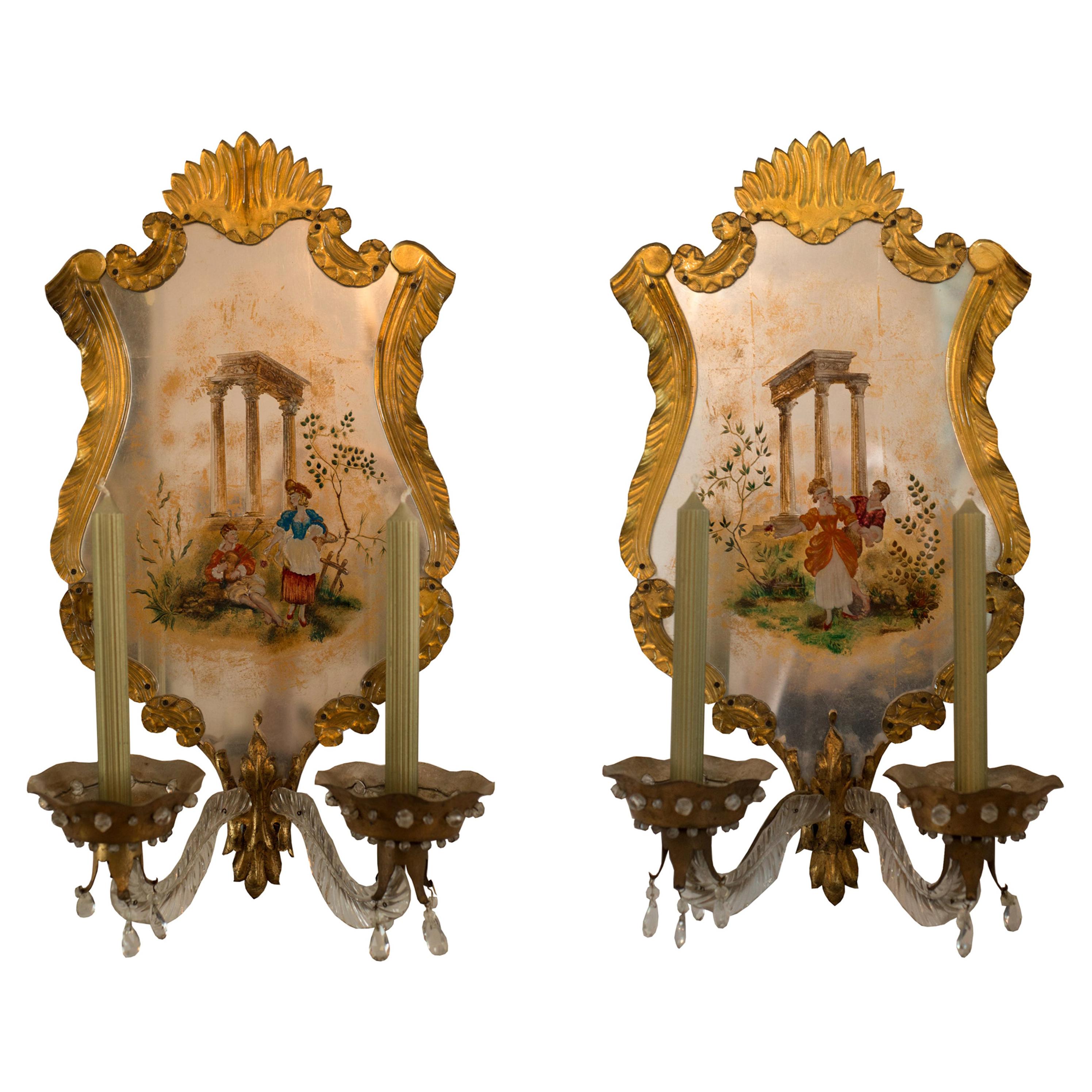 Antique Maison Jansen Verre Eglomise and Murano Glass Gold & Silver Wall Sconces For Sale