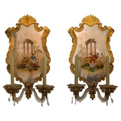 Antike Maison Jansen Verre Eglomise und Murano Glas Gold & Silber Wandleuchter