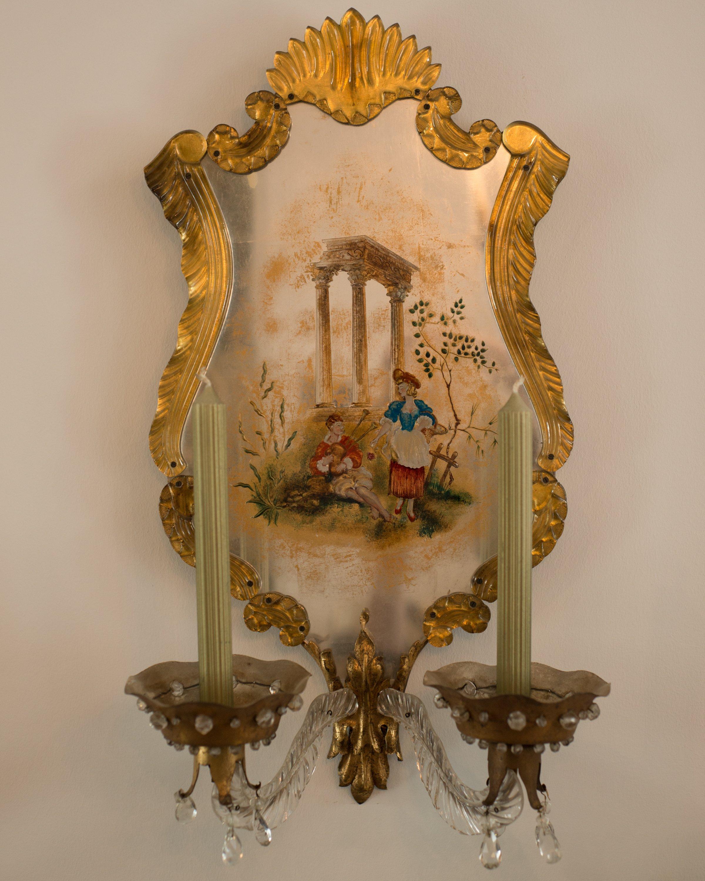 Hand-Painted Antique Maison Jansen Verre Eglomise and Murano Glass Gold & Silver Wall Sconces For Sale