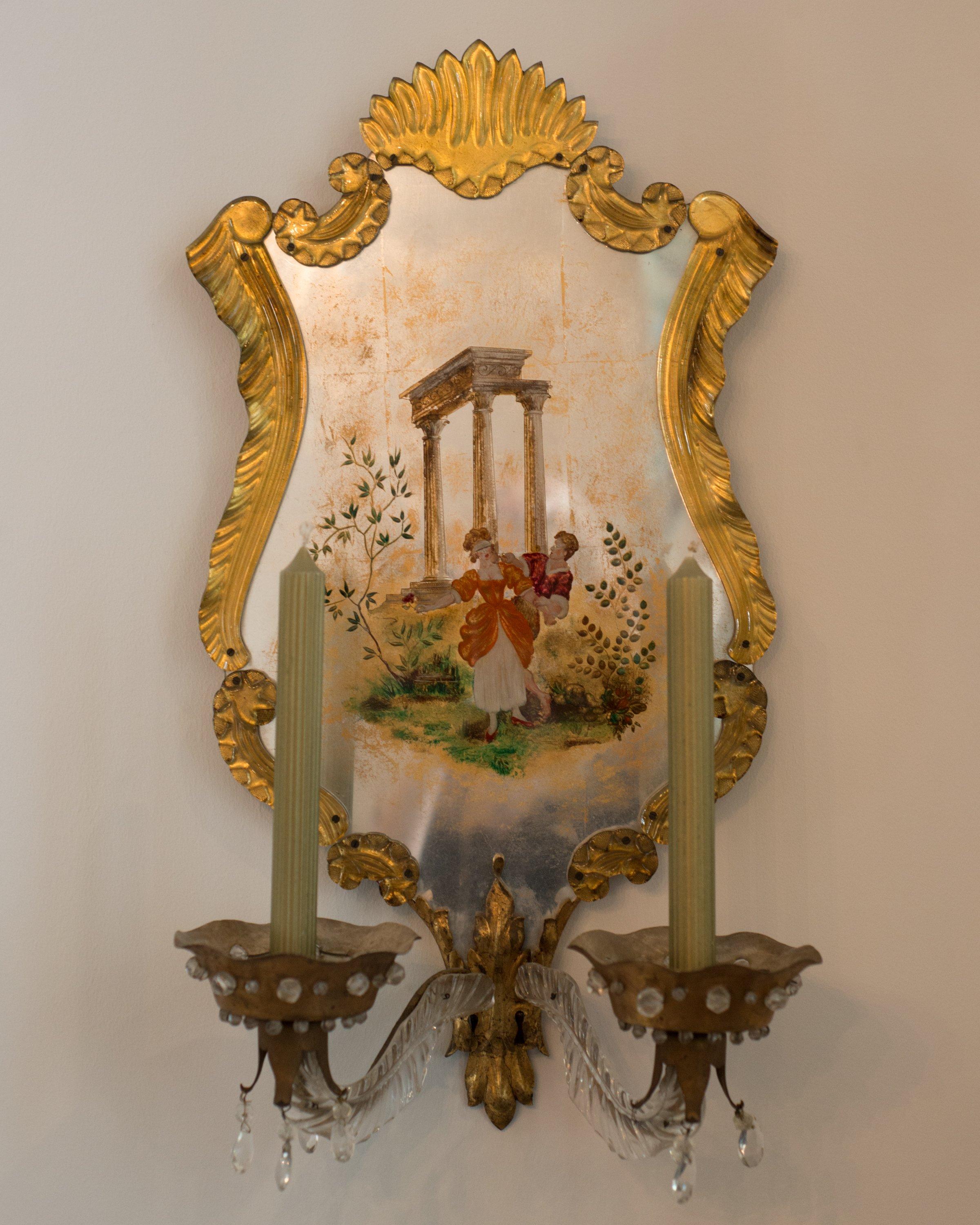 Antique Maison Jansen Verre Eglomise and Murano Glass Gold & Silver Wall Sconces In Good Condition For Sale In Toronto, ON