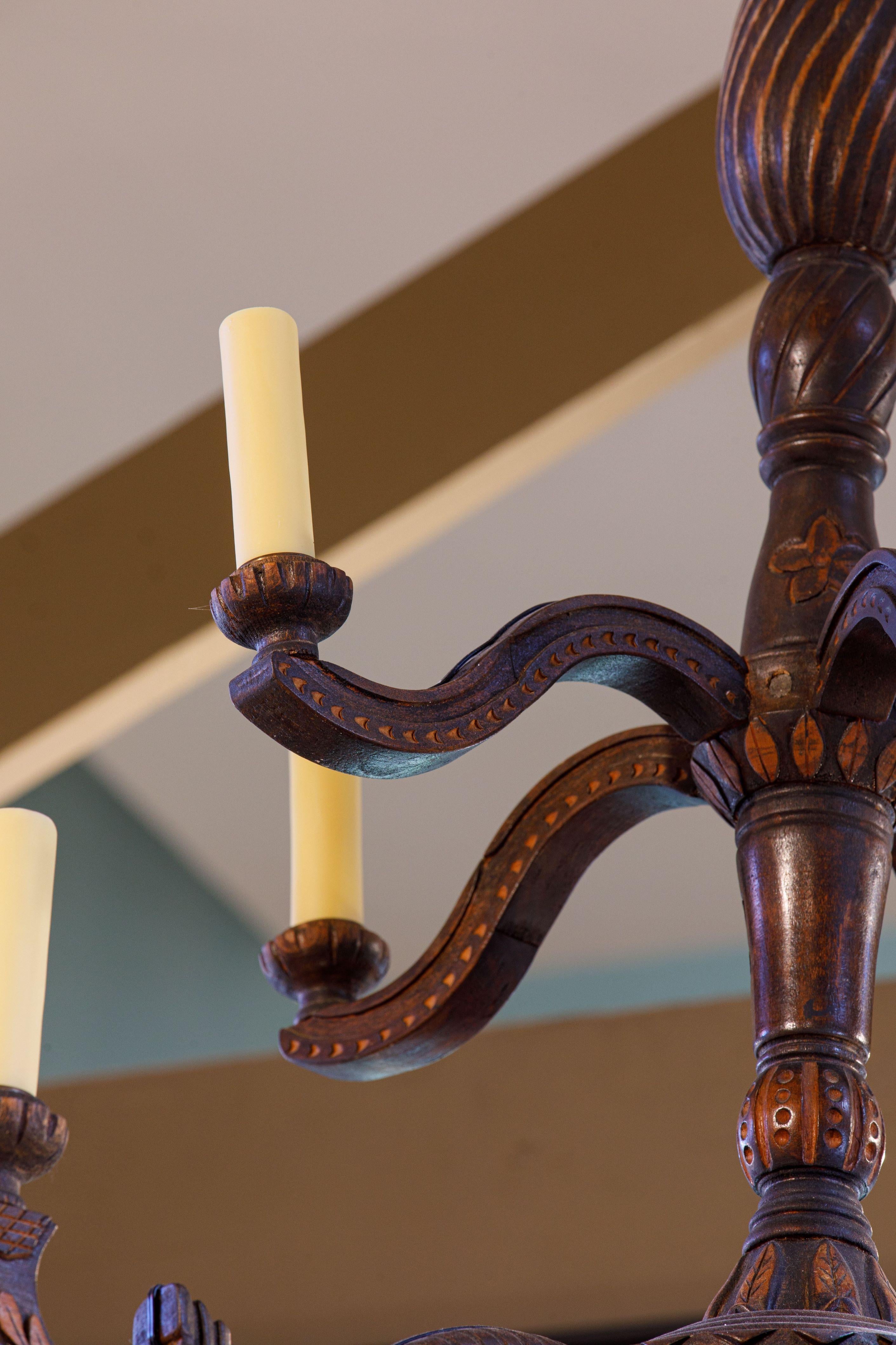 Arts and Crafts Antique, Majestic Carved Wood Two-Tier French Chandelier For Sale