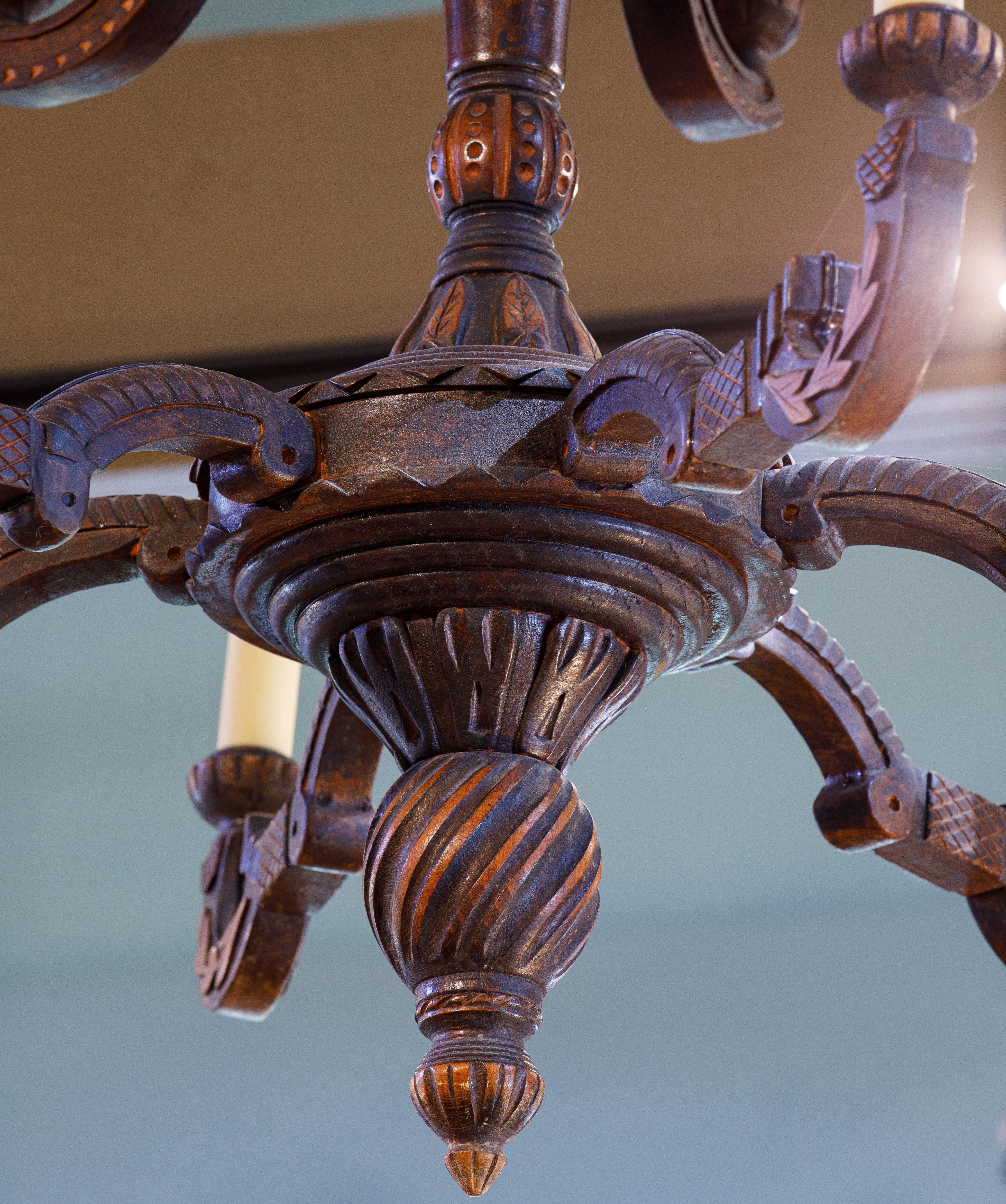 Antique, Majestic Carved Wood Two-Tier French Chandelier In Good Condition For Sale In Houston, TX