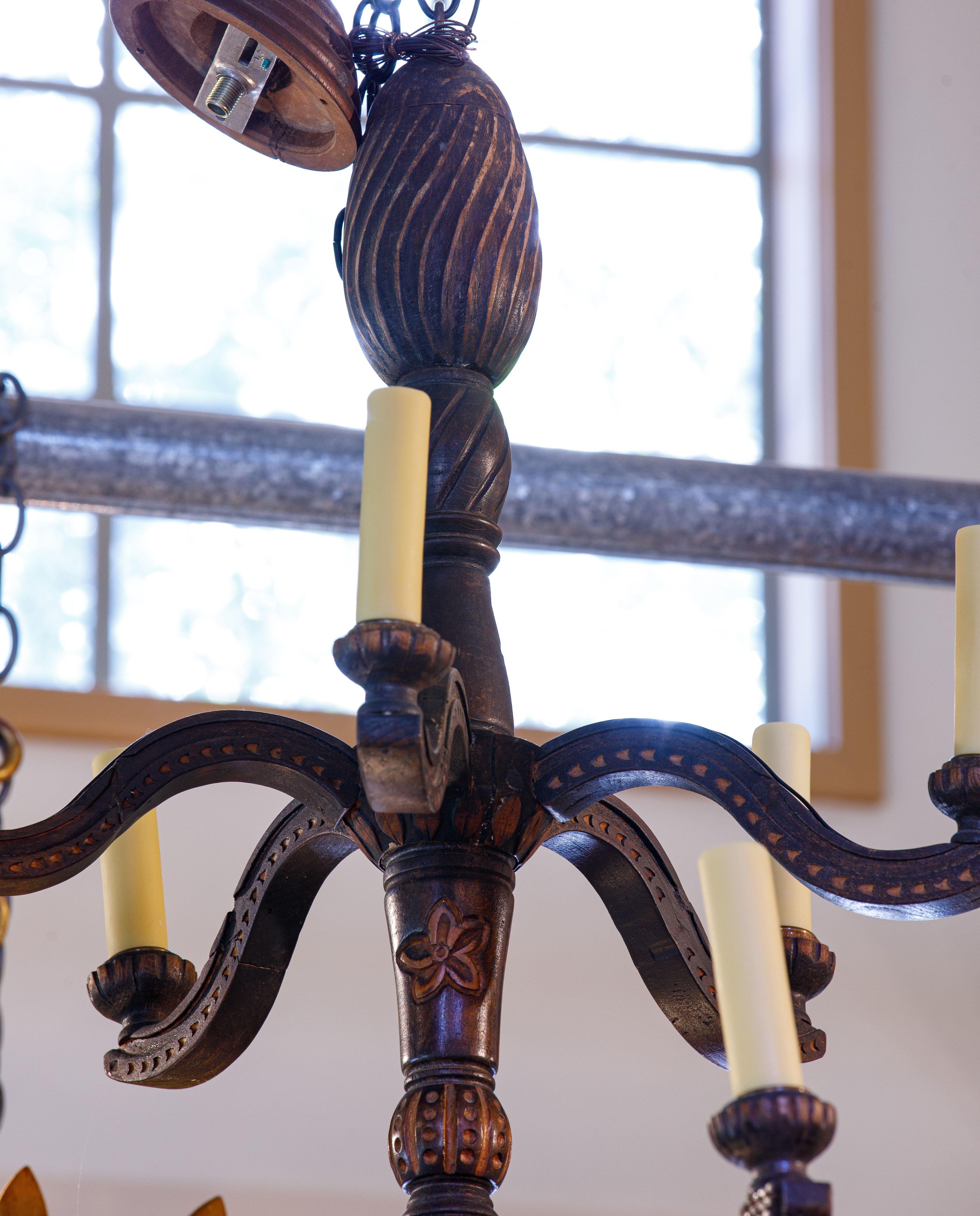 Early 20th Century Antique, Majestic Carved Wood Two-Tier French Chandelier For Sale