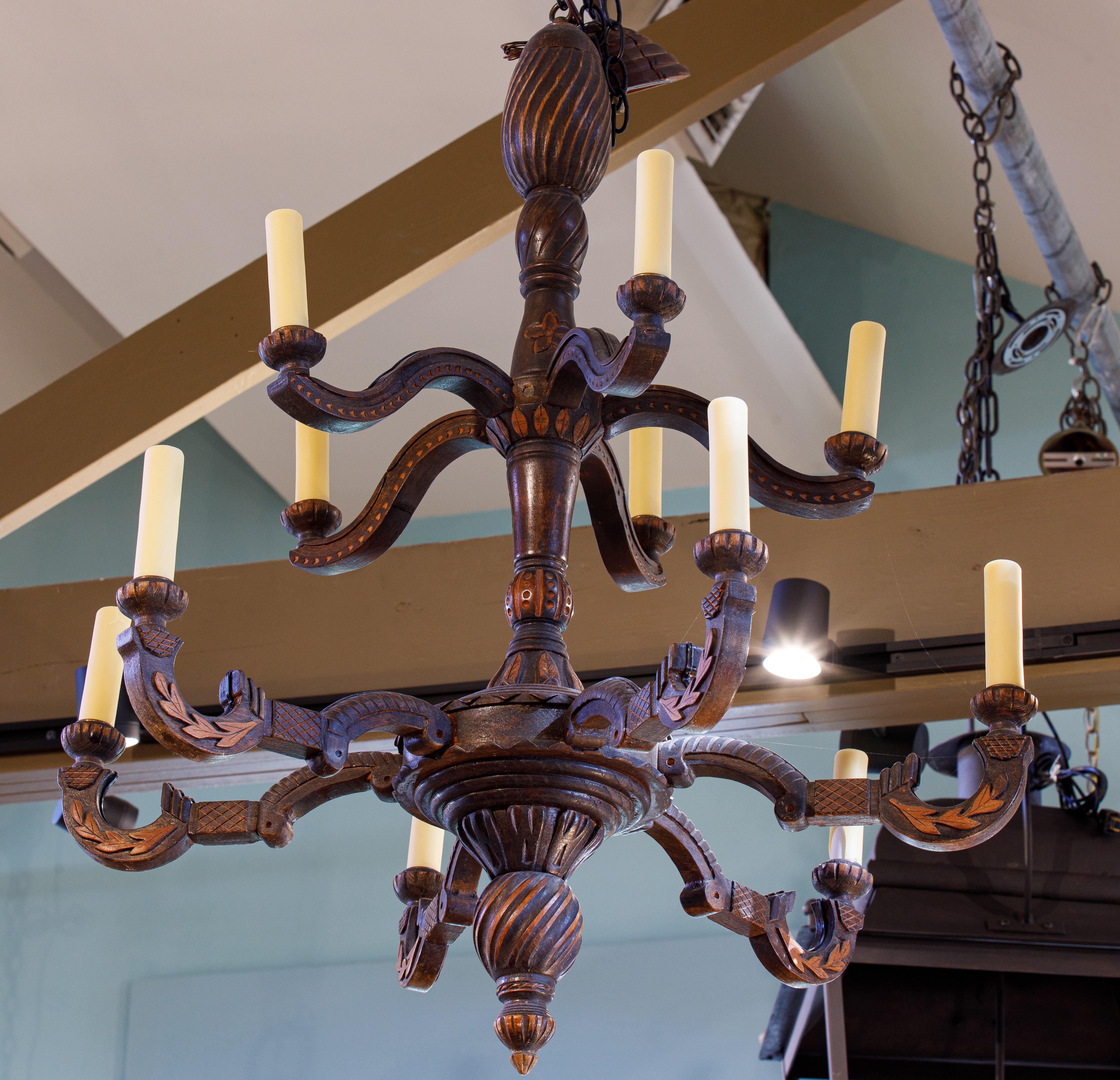 Antique, Majestic Carved Wood Two-Tier French Chandelier For Sale 2