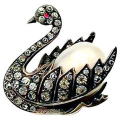 Antique Majestic Swan Sliver & Pearl Brooch 1900s (see condition report)