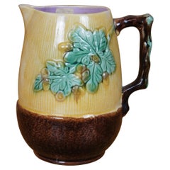 Antique Majolica Adams & Bromley Oak Leaf & Acorn Nut Creamer Pitcher Jug 8"