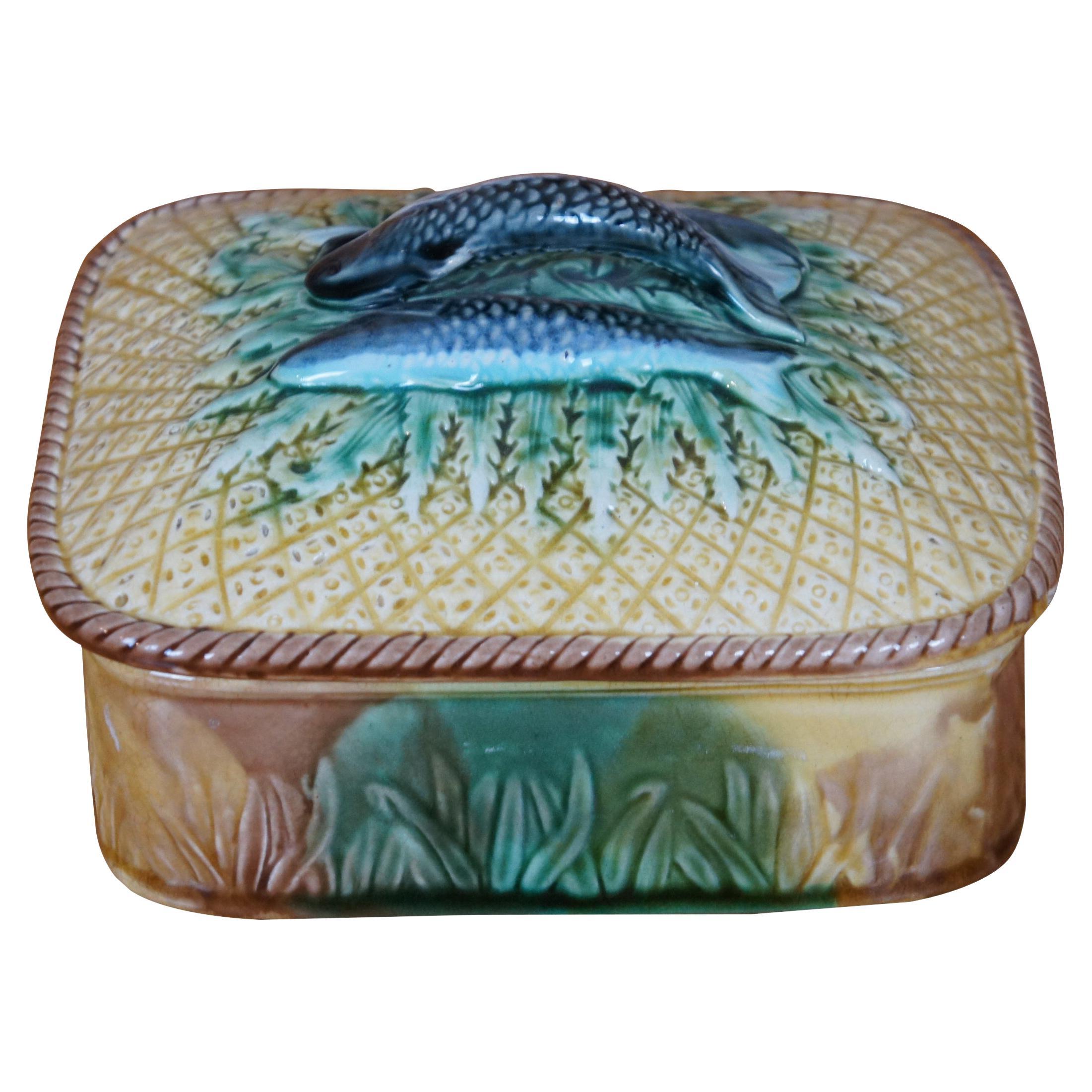 Antique Majolica Adams & Bromley Pineapple Basketweave Sardine Fish Box 6"