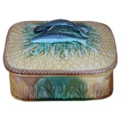 Antique Majolica Adams & Bromley Pineapple Basketweave Sardine Fish Box 6"