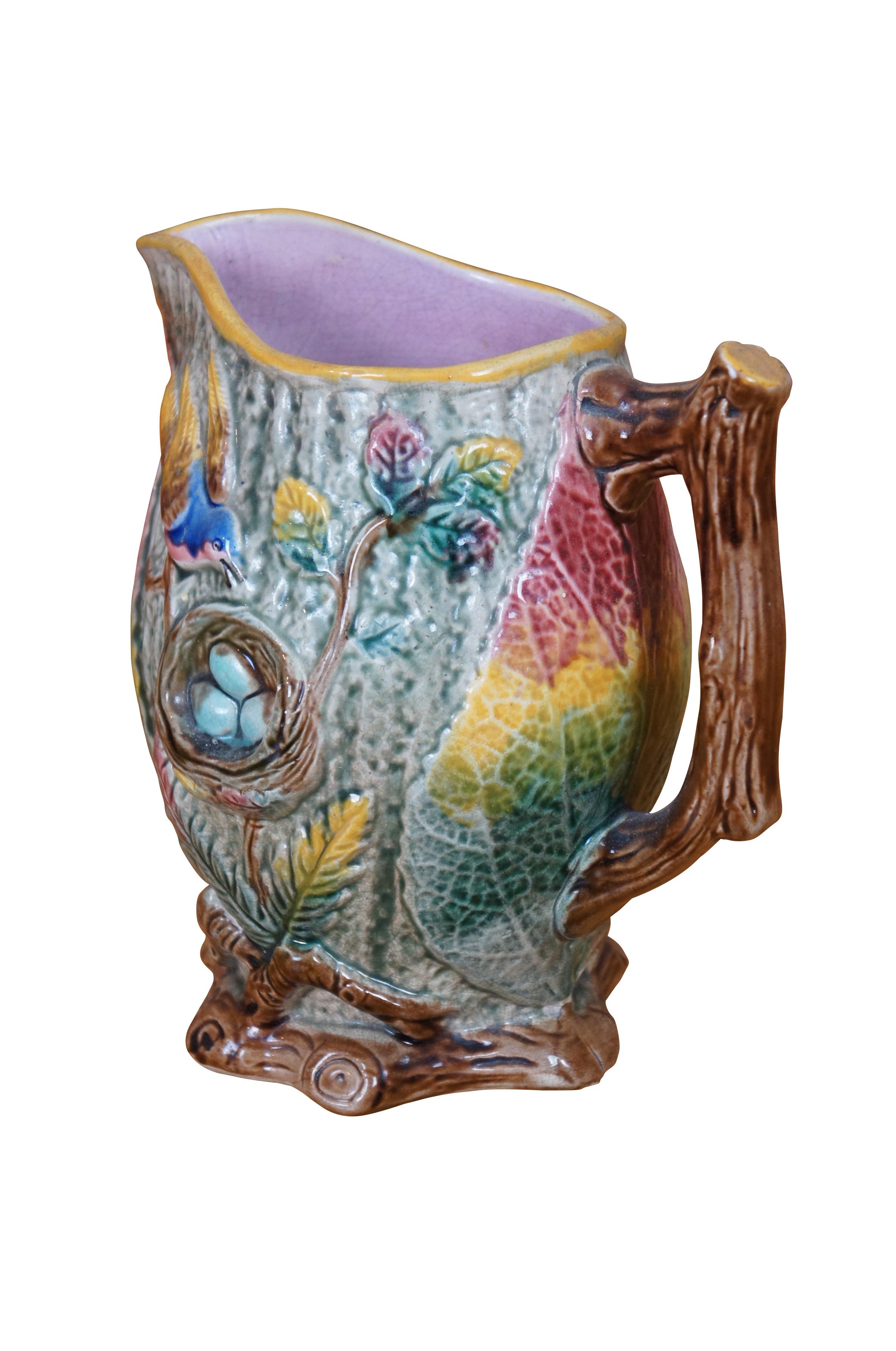 Victorian Antique Majolica Arsenal Shorter & Boulton Nesting Bird Robins Egg Pitcher 8
